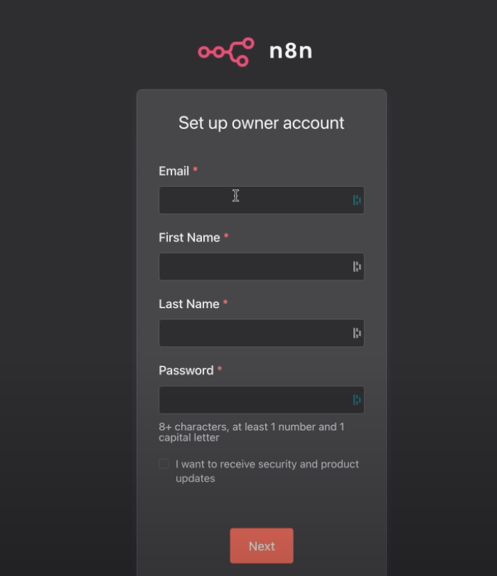 Alt text: "Account setup form for n8n, requiring email, first name, last name, and password with specific security criteria. Includes an option to receive security and product updates."
