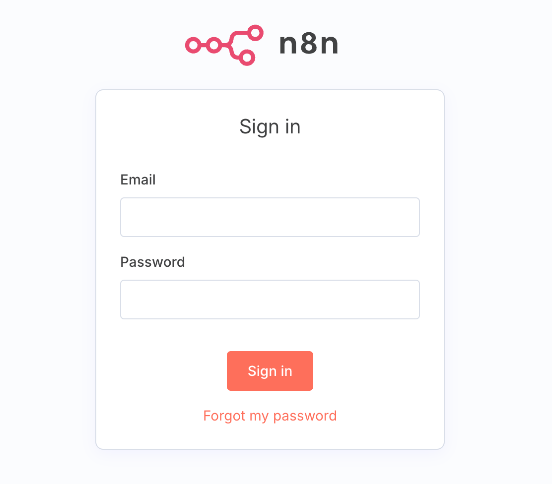 Sign-in form for n8n with fields for email and password, a "Sign in" button, and a "Forgot my password" link.