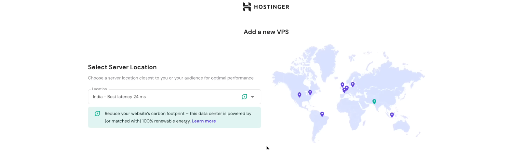 Select server location on Hostinger