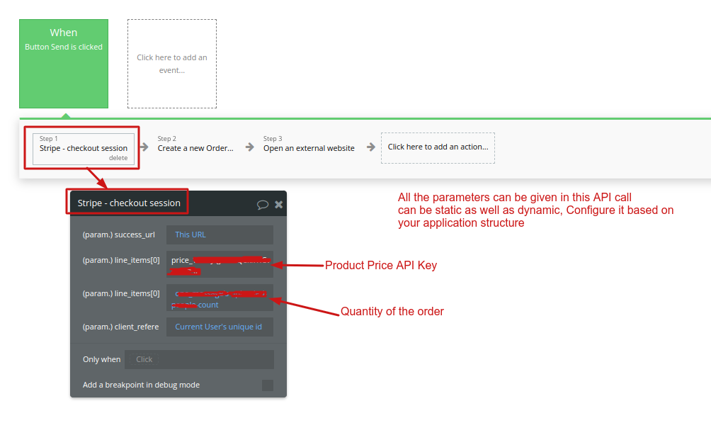 Stripe checkout bubble workflow action