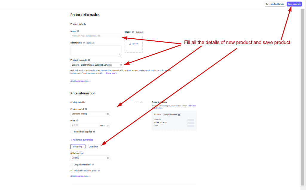 Save product in stripe