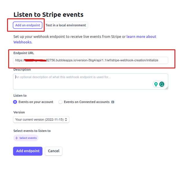 Configure stripe listening events