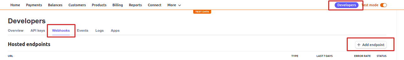 Stripe developers console