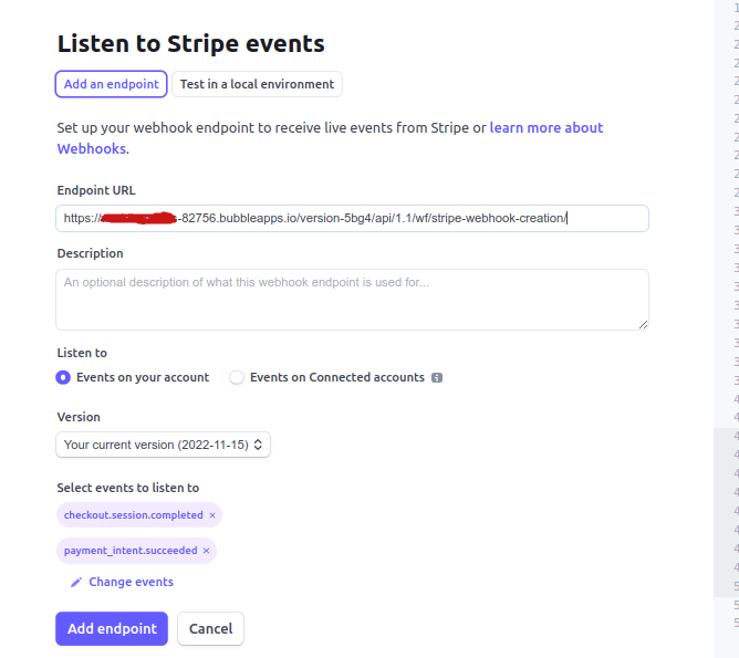 Stripe events selected