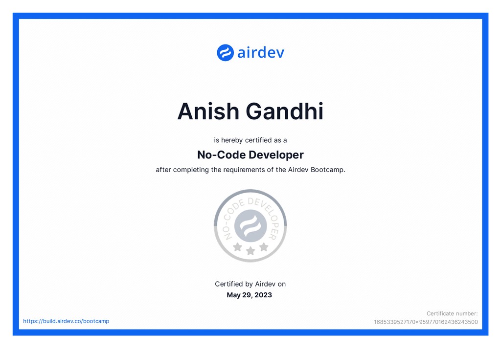 Airdev Certified No Code Developer certificate