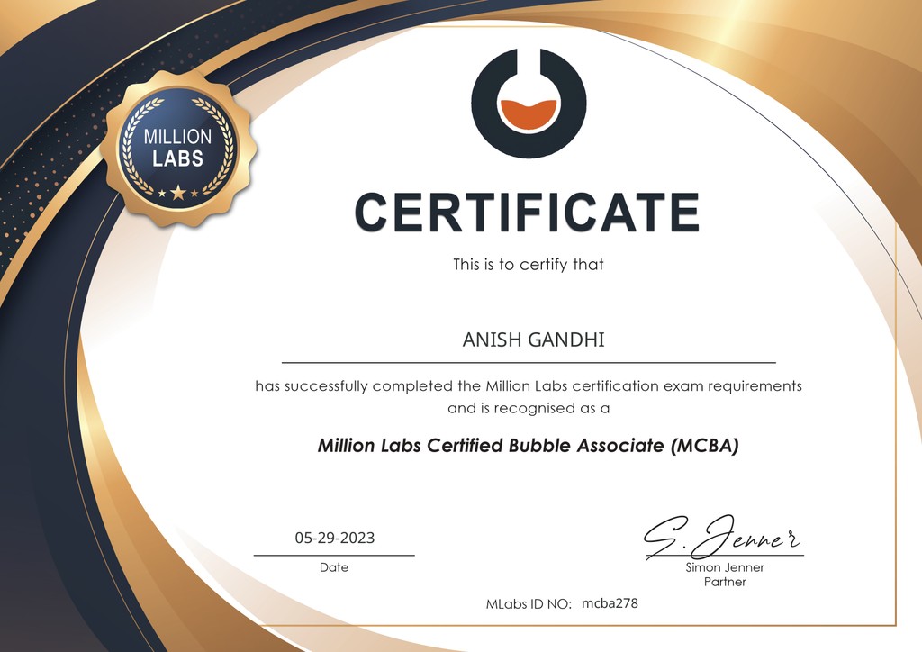 Million Labs Certified Bubble Associate certificate