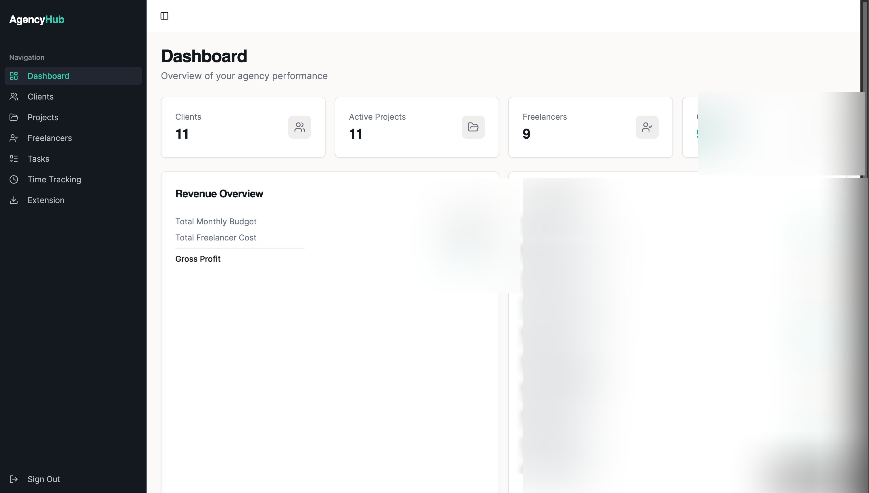 The Agency Hub admin Dashboard showing client and project counters and the Revenue and Margins panels with figures redacted