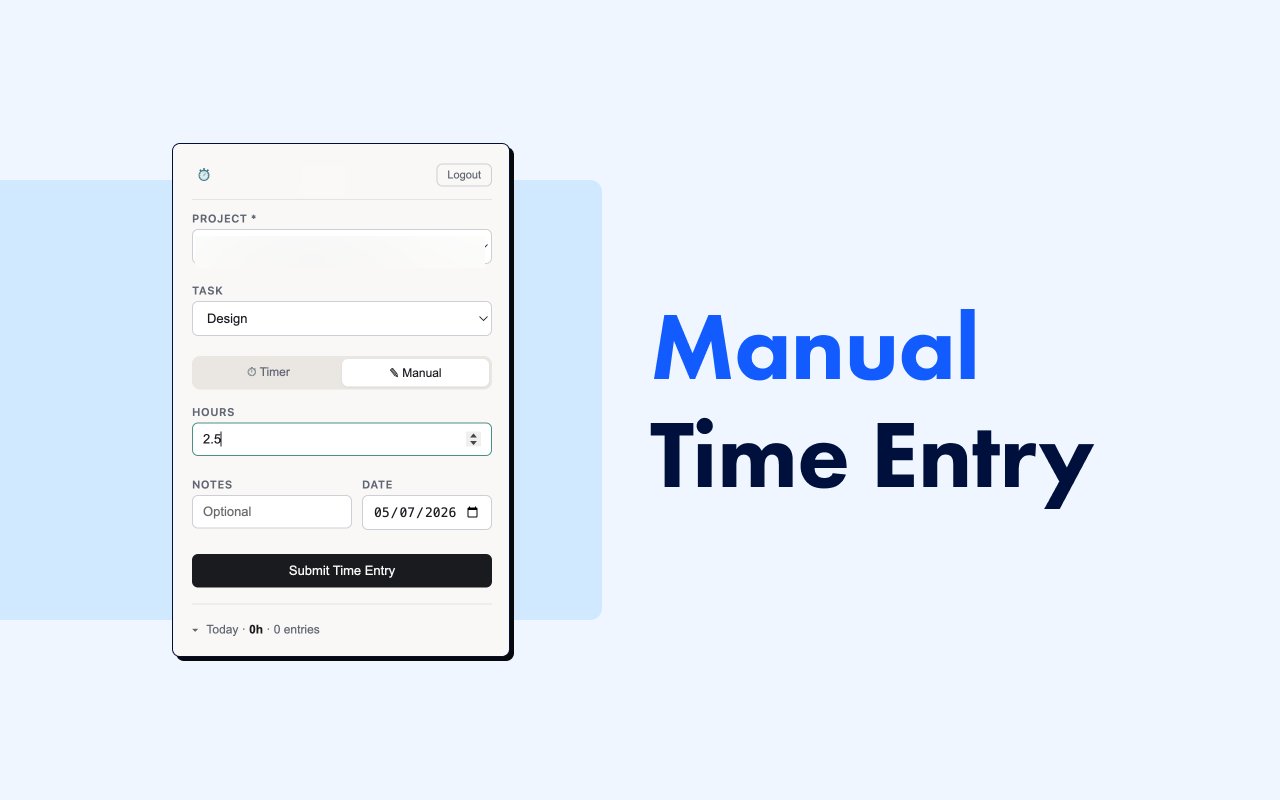 The Chrome extension popup in Manual mode with Project and Task selected and an Hours field showing 2.5