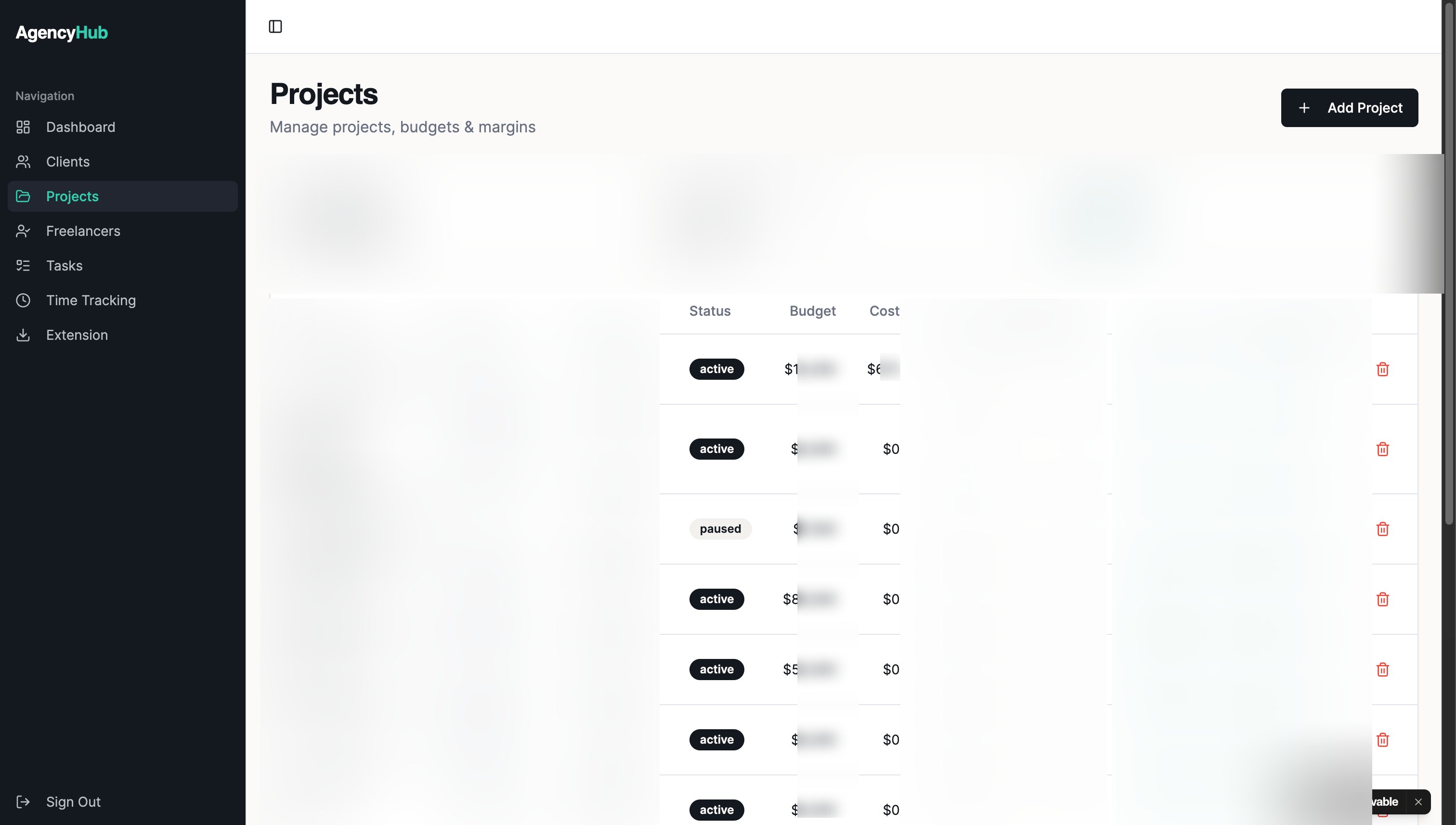 The Agency Hub Projects ledger with per-project Monthly and One-Time billing badges and Profit and Margin columns redacted