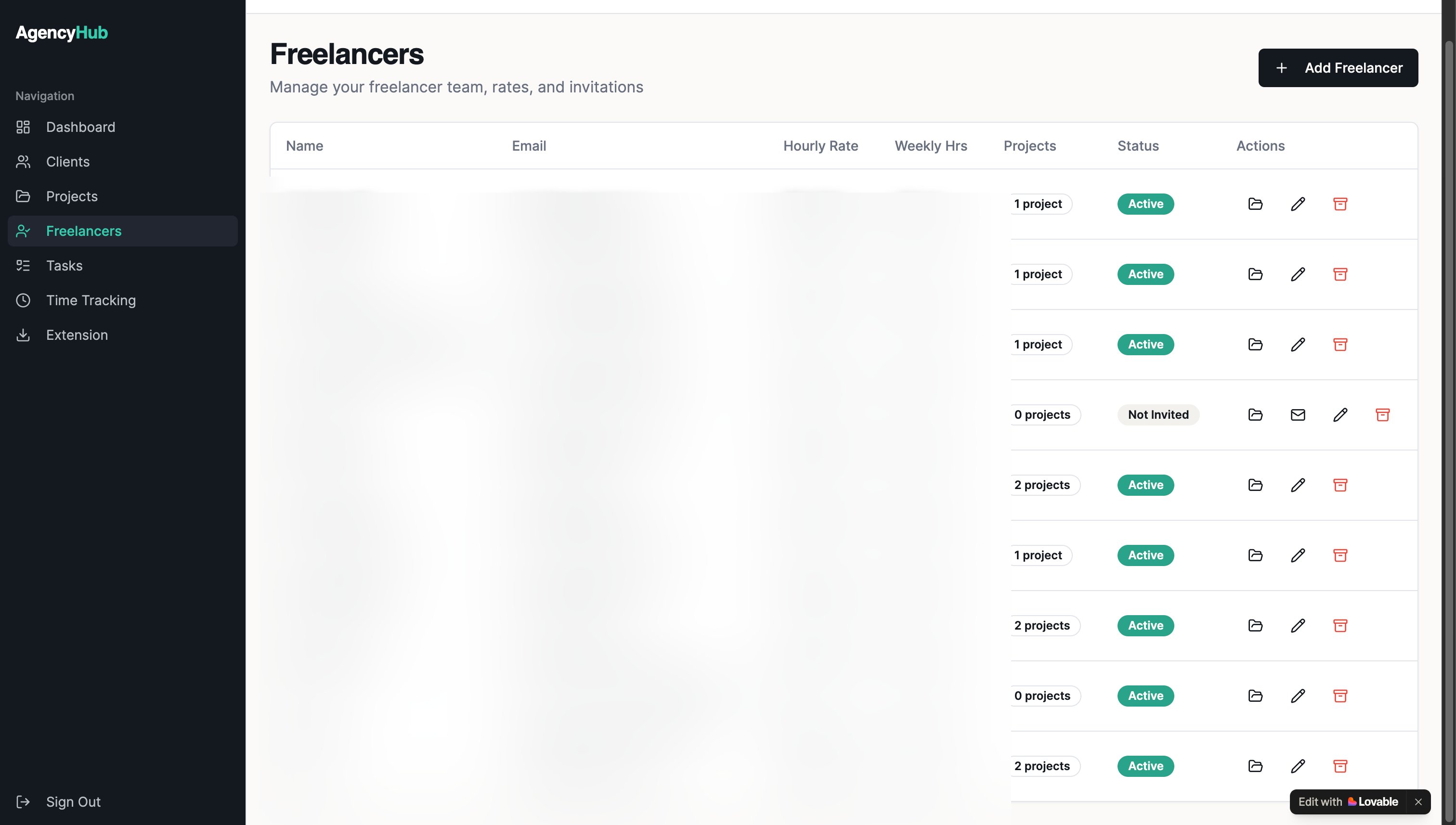 The Agency Hub Freelancers list with personal columns redacted and a Status column showing Active and Not Invited badges