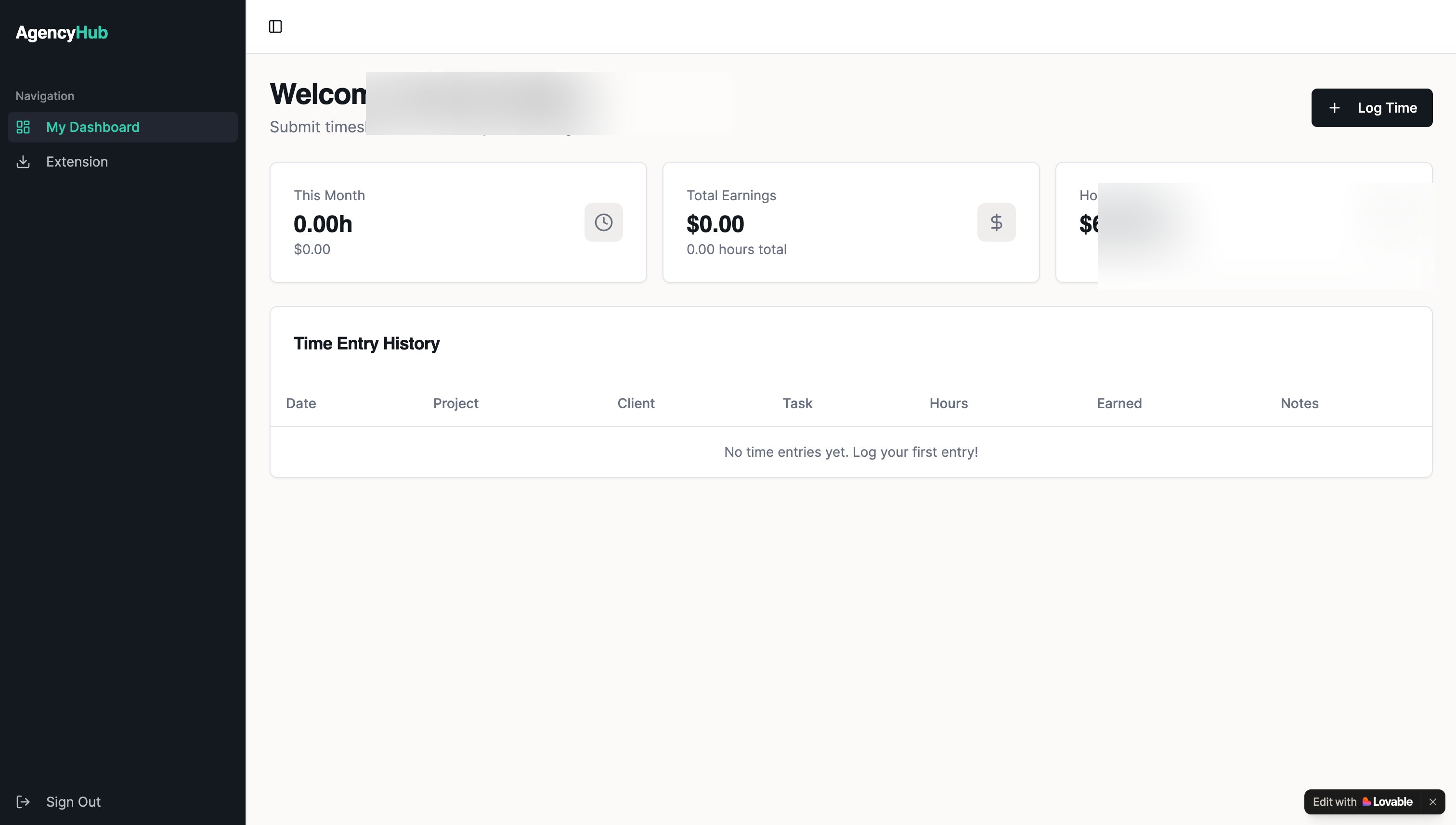 The Agency Hub freelancer dashboard with hours, earnings, and rate cards above an empty Time Entry History
