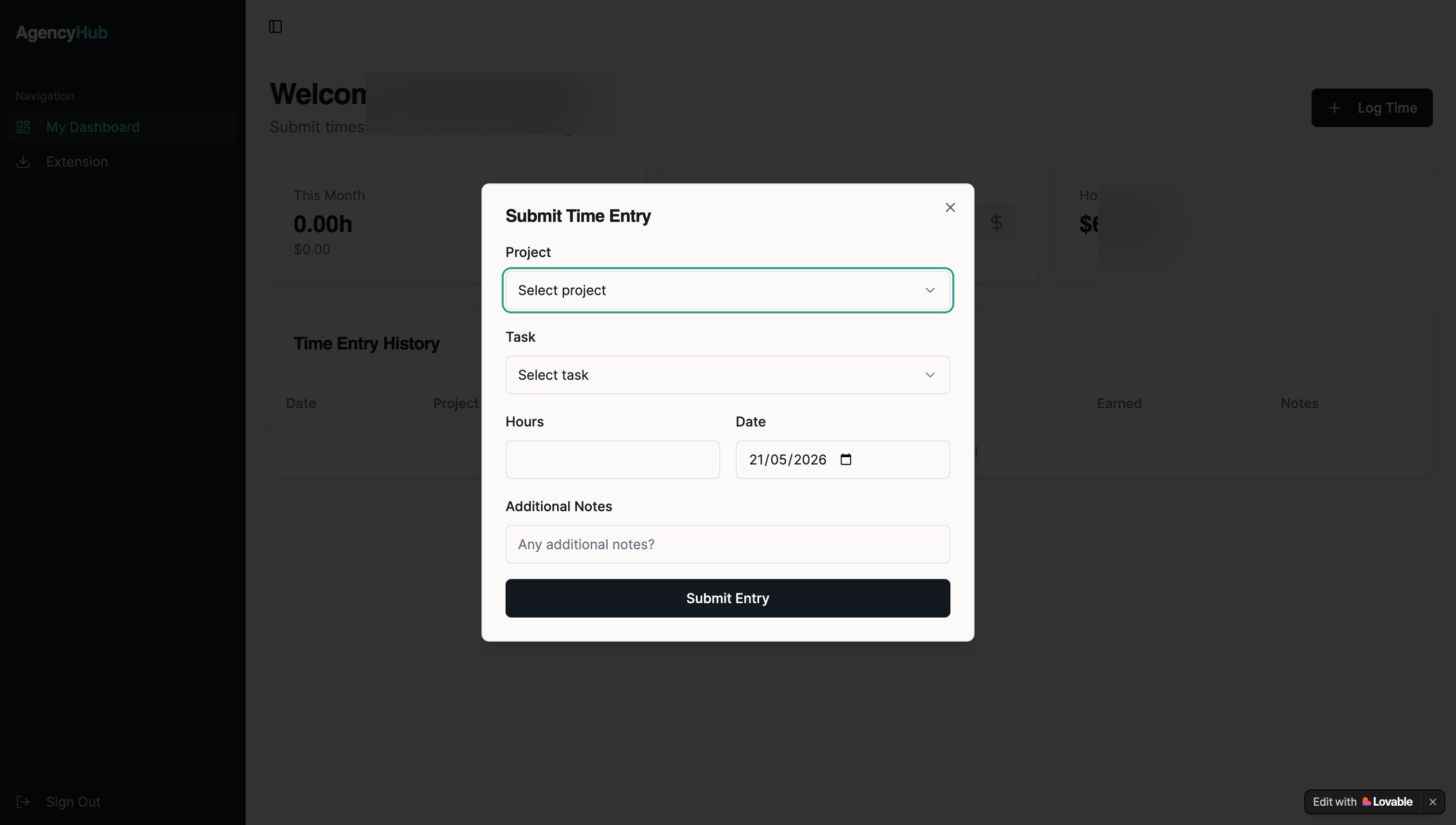 The Submit Time Entry modal open over the freelancer dashboard, with project, task, hours, and date fields
