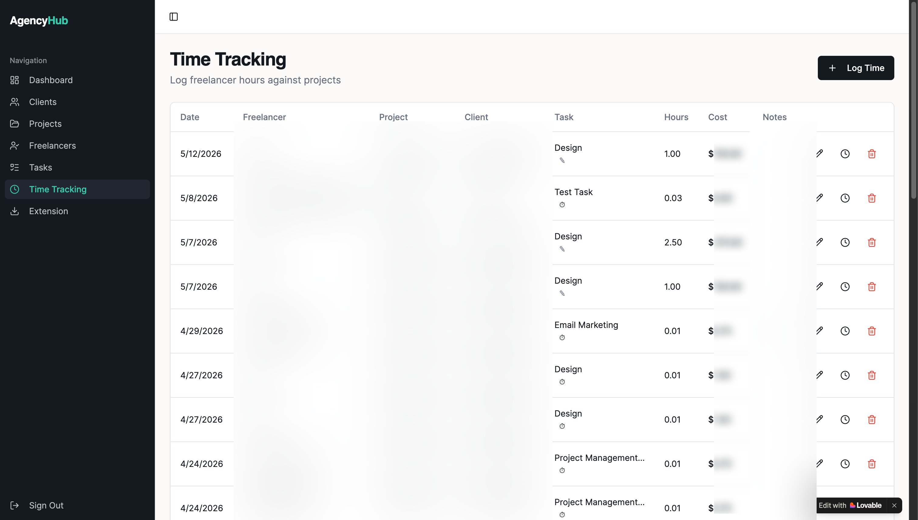 The Agency Hub admin Time Tracking view with sensitive columns redacted; dates, task names, hours, and notes visible