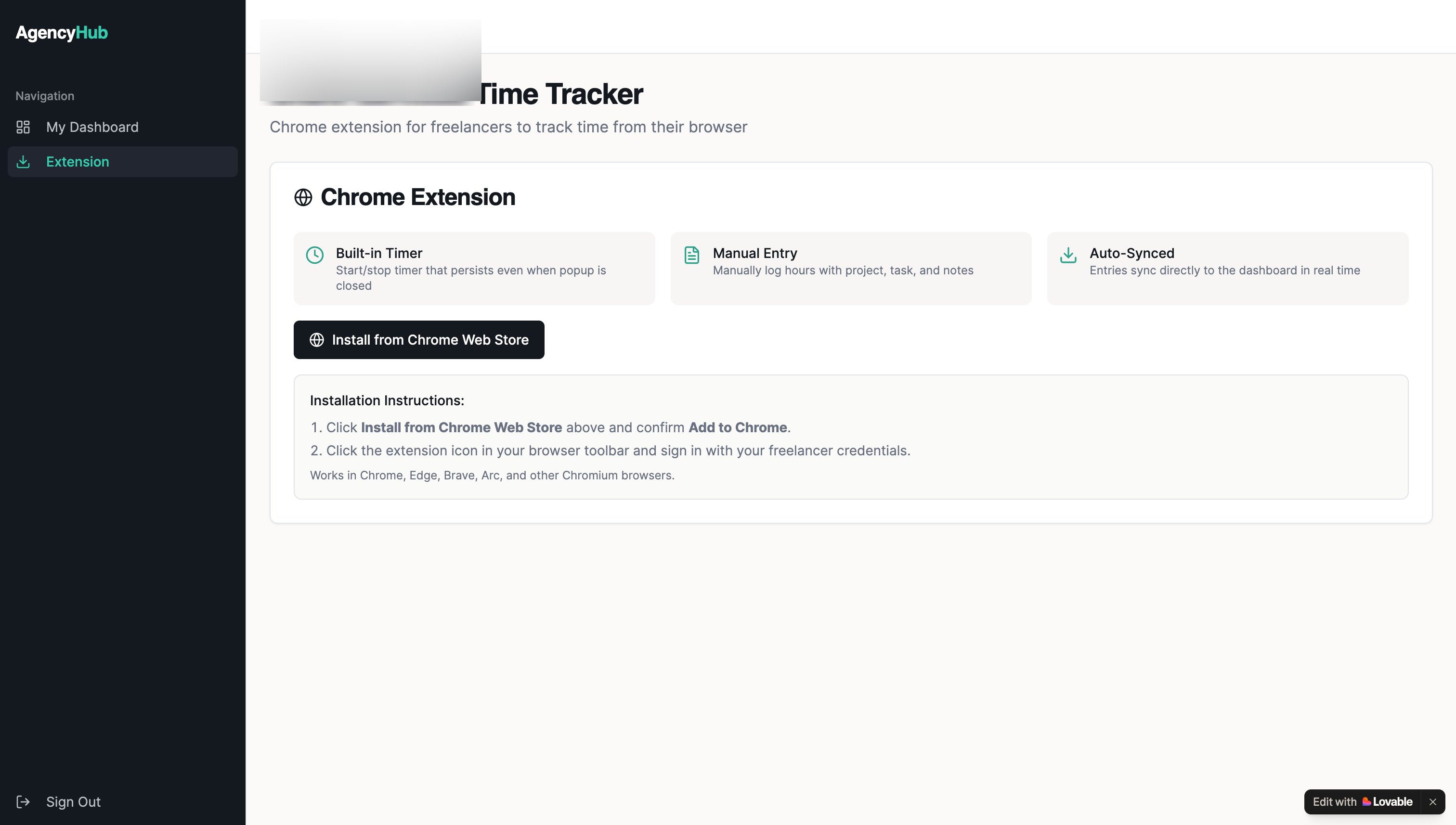 The Agency Hub extension install page with three feature cards and an Install from Chrome Web Store button