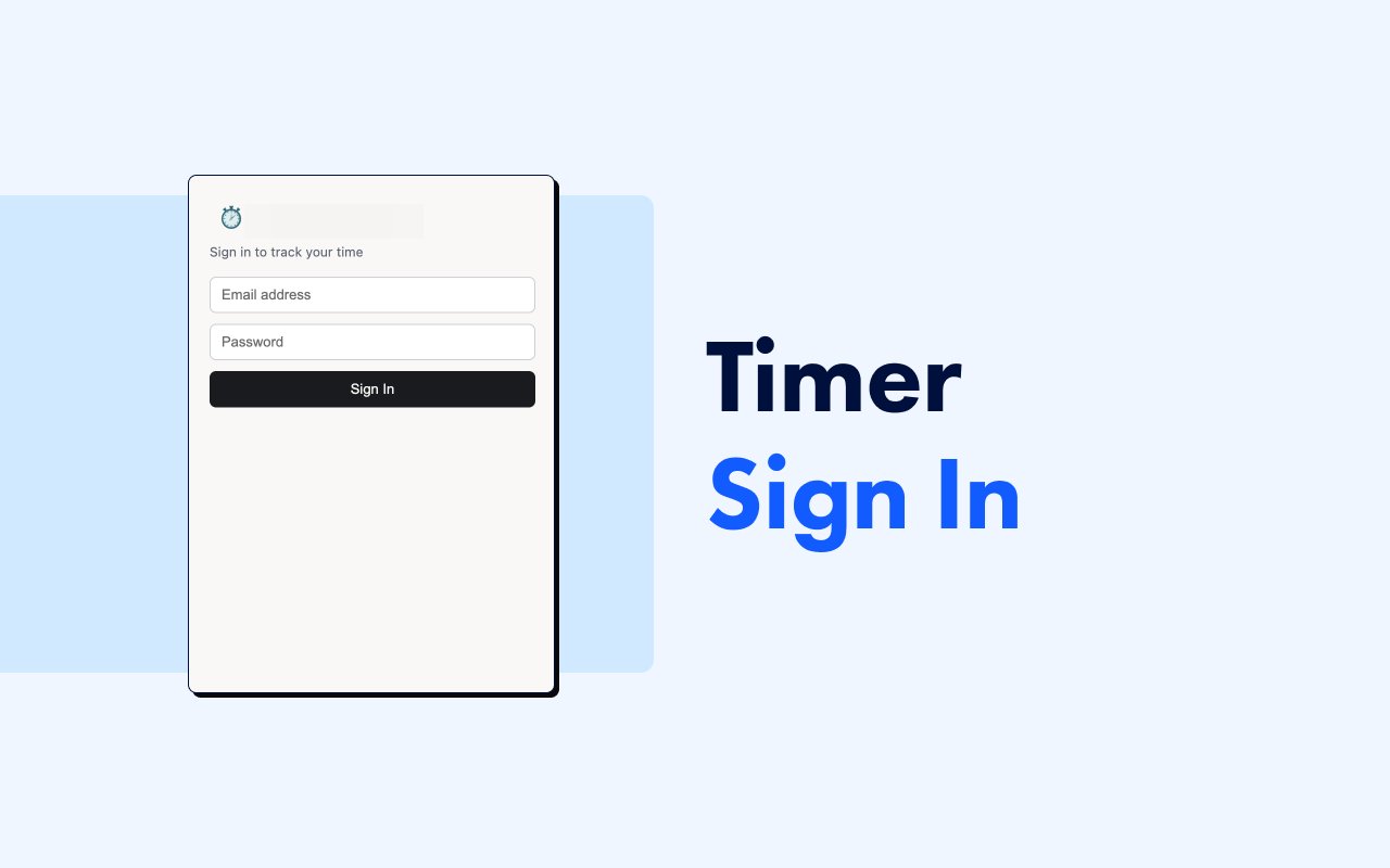 The Chrome extension Sign In popup with the brand mark redacted, the subhead Sign in to track your time, and email and password fields