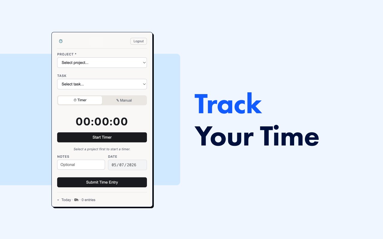 The Chrome extension popup in Track Your Time mode with empty Project and Task dropdowns, a stopped 00:00:00 timer, and a Start Timer button