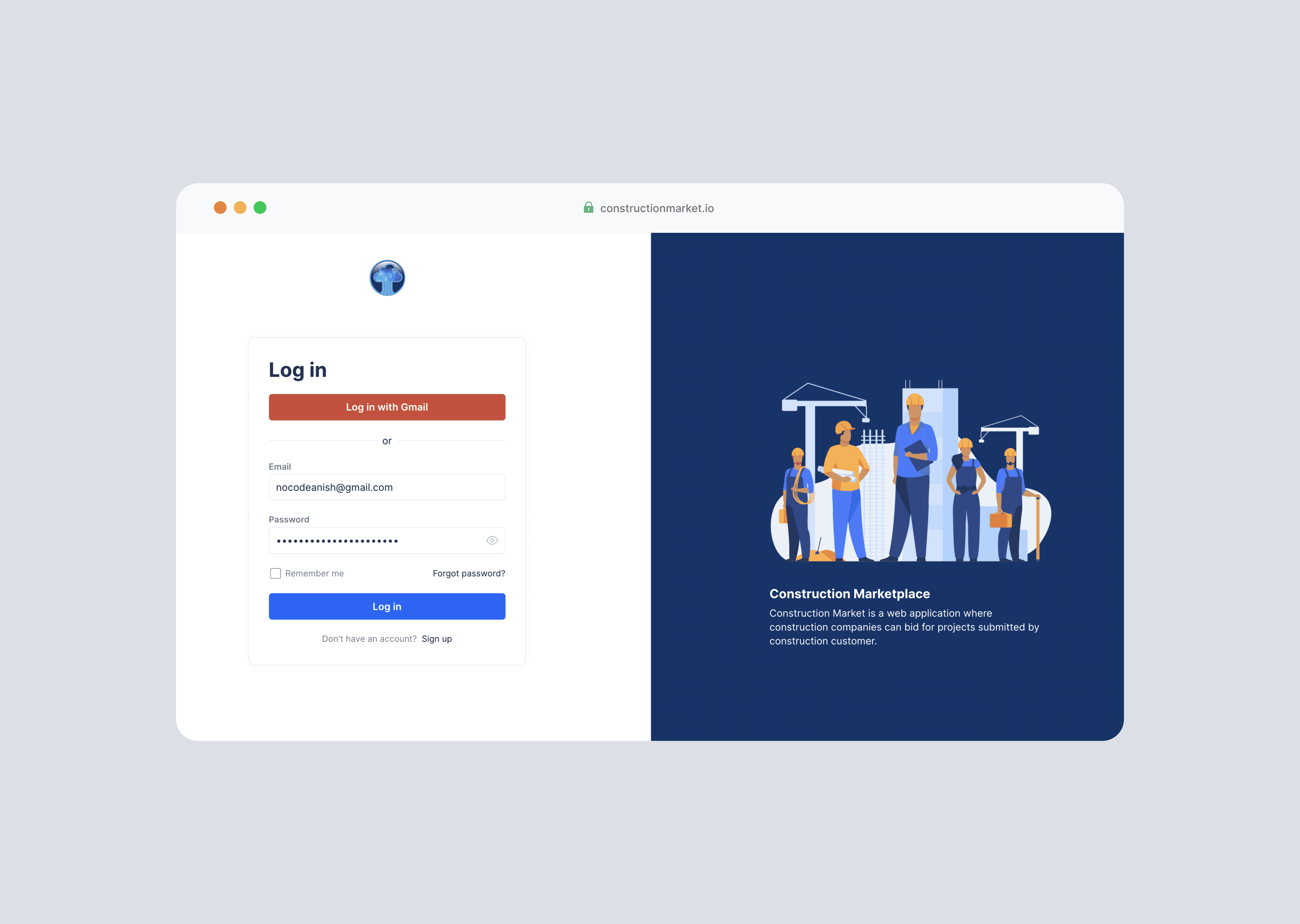 The Construction Marketplace sign-in screen with email and password fields next to the product illustration, the AirDev Canvas auth surface as the entry point to the platform