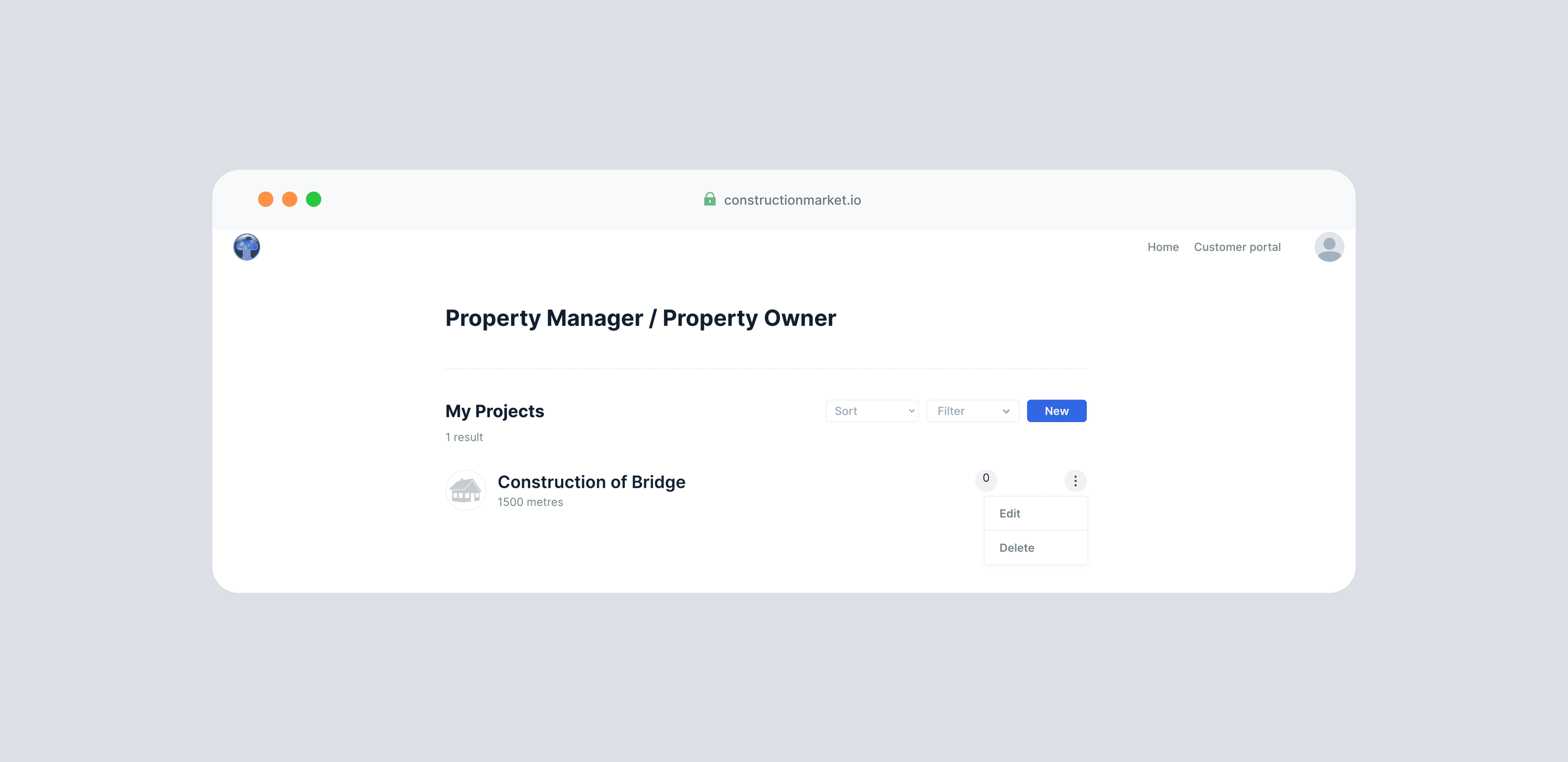 The Construction Marketplace property manager portal showing the My Projects list with a single project Construction of Bridge with 1500 metres specified, and Edit and Delete options