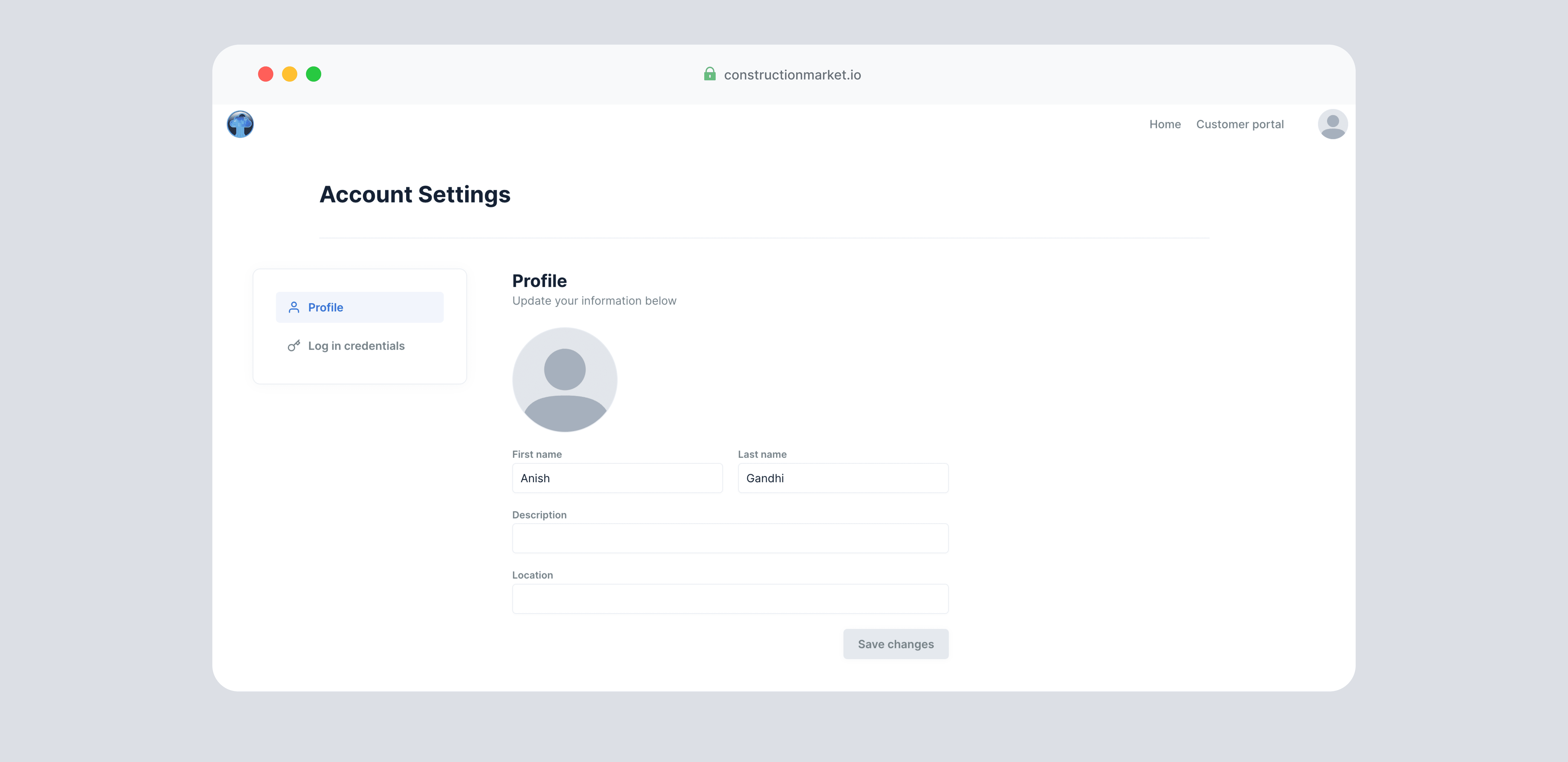 The Construction Marketplace property manager Account Settings showing the Profile tab with first name, last name, description, and location fields and a Save changes button