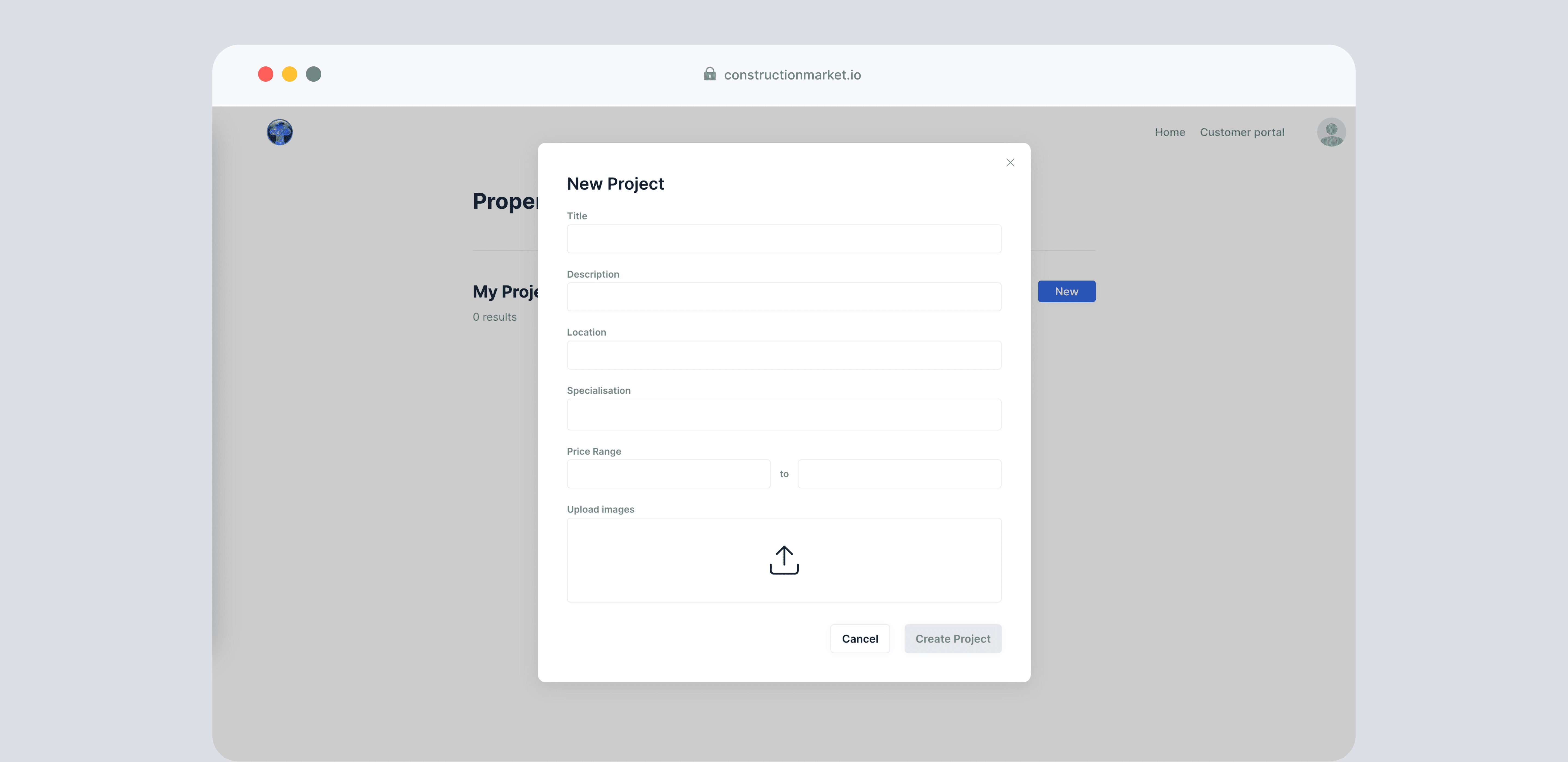 The Construction Marketplace New Project modal with fields for title, description, location, specialisation, price range, and an image upload area