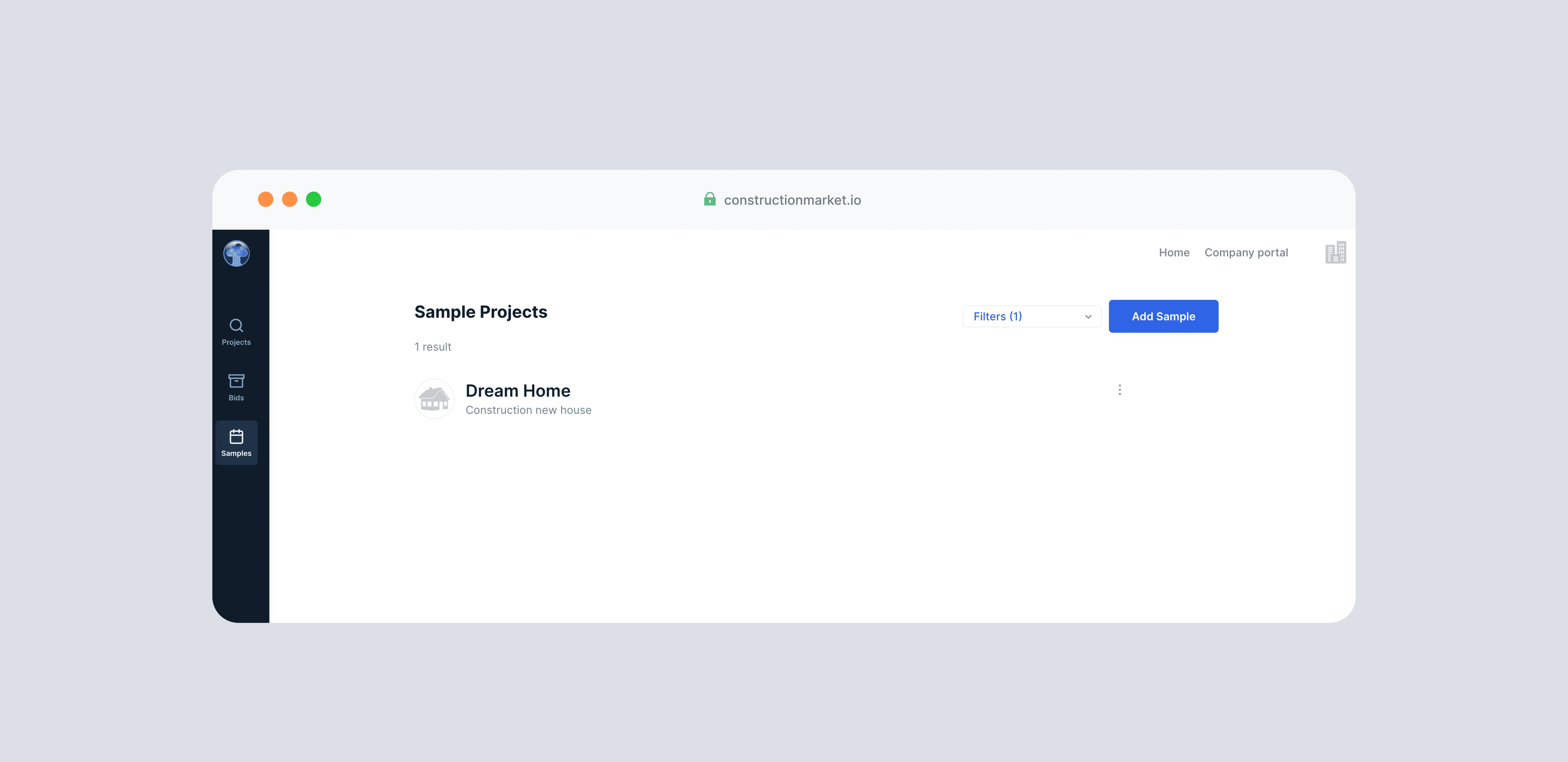 The Construction Marketplace contractor portal showing Sample Projects with a Dream Home entry, sidebar navigation for Projects, Bids, and Samples, and an Add Sample button