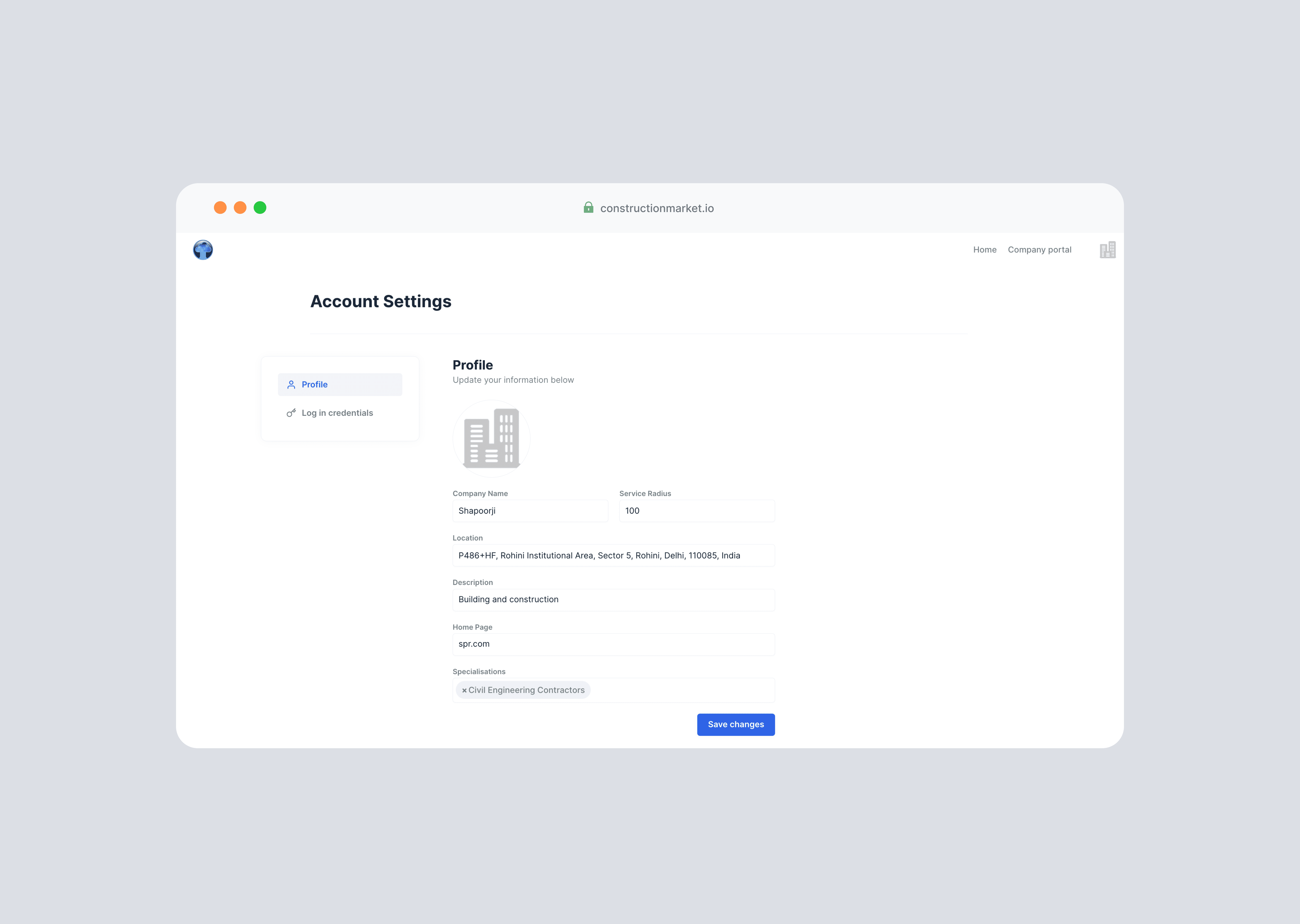 The Construction Marketplace contractor Account Settings showing the company name, a 100-mile service radius, the location, and a Civil Engineering Contractors specialisation chip