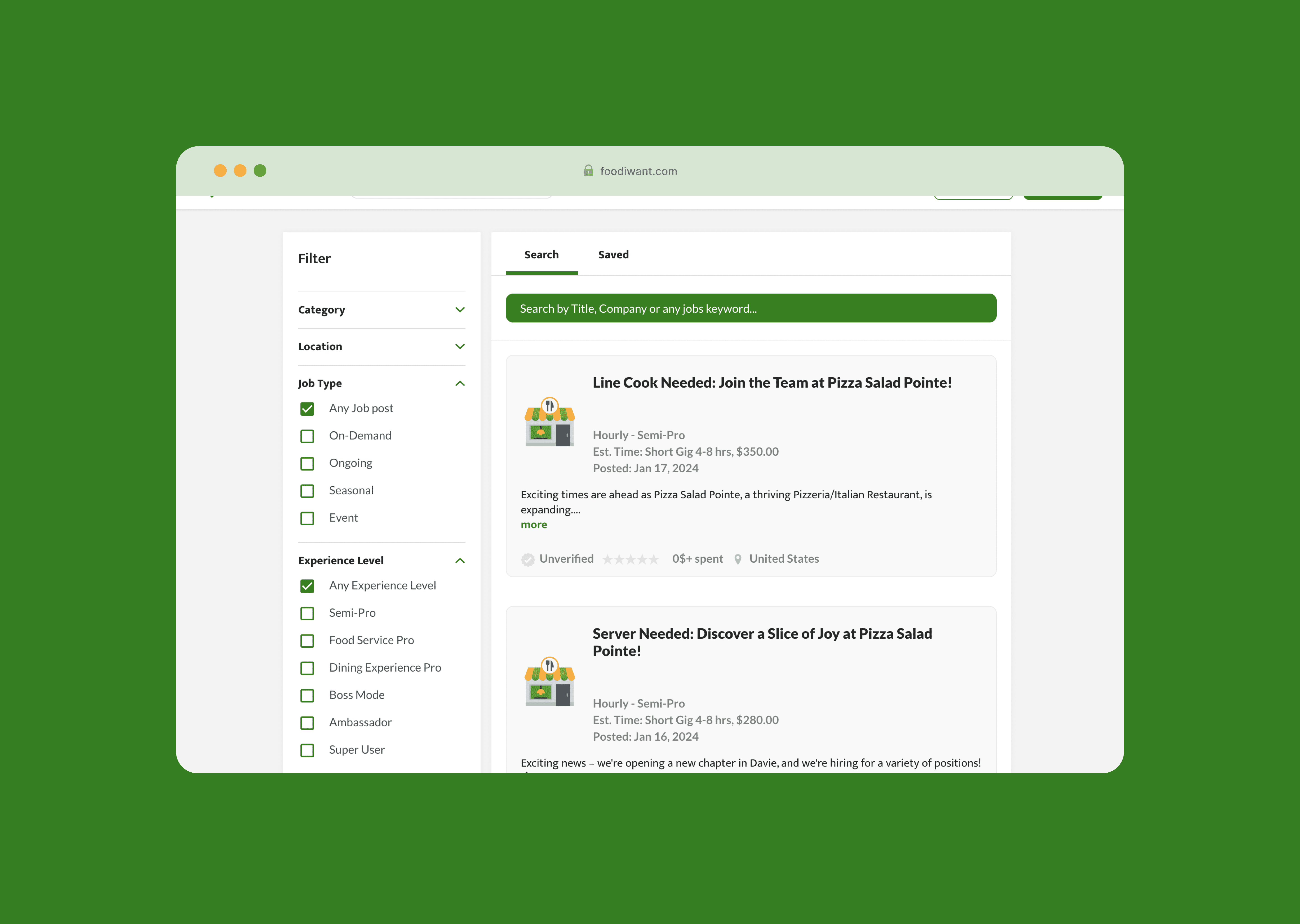 The FoodIWant gig search page showing hourly food-industry roles (Line Cook, Server) with filters for job type, experience level, and location