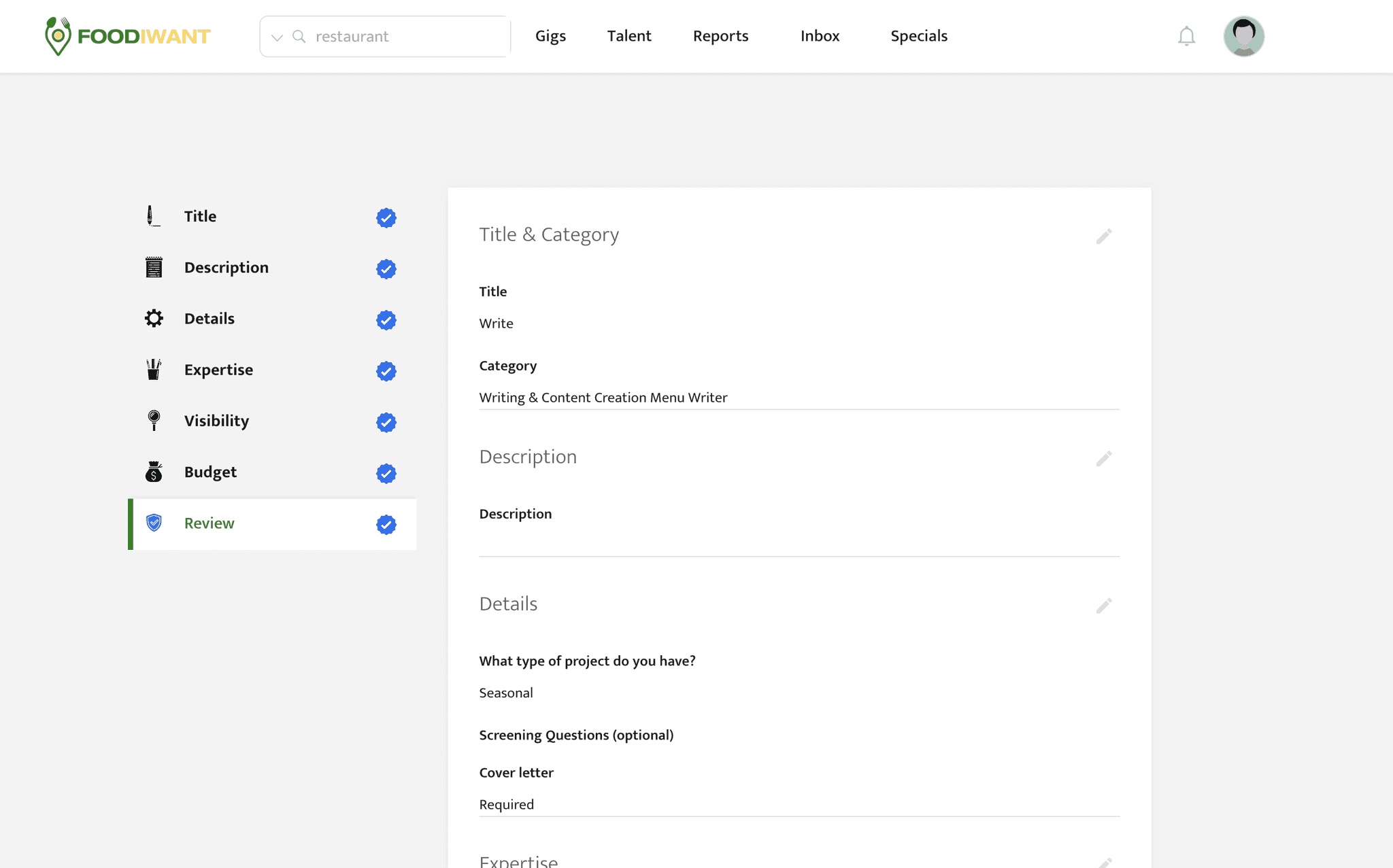 The FoodIWant job-post wizard Review step showing the completed job post with every section confirmed and a final Submit button