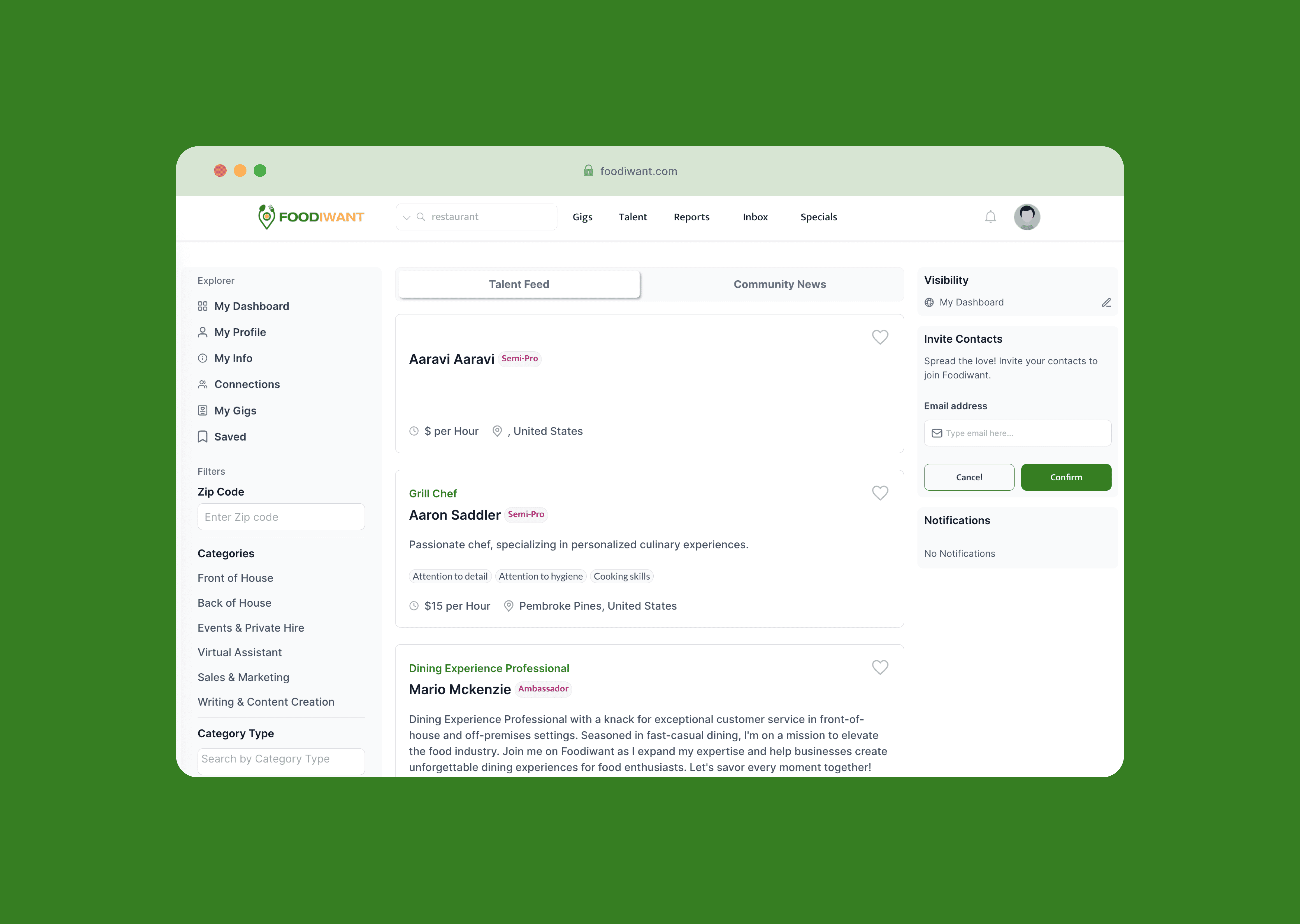The FoodIWant talent feed showing food professional profiles with categories (Front of House, Back of House, Events and Private Hire, Virtual Assistant, Sales and Marketing) and experience levels (Semi-Pro, Ambassador)