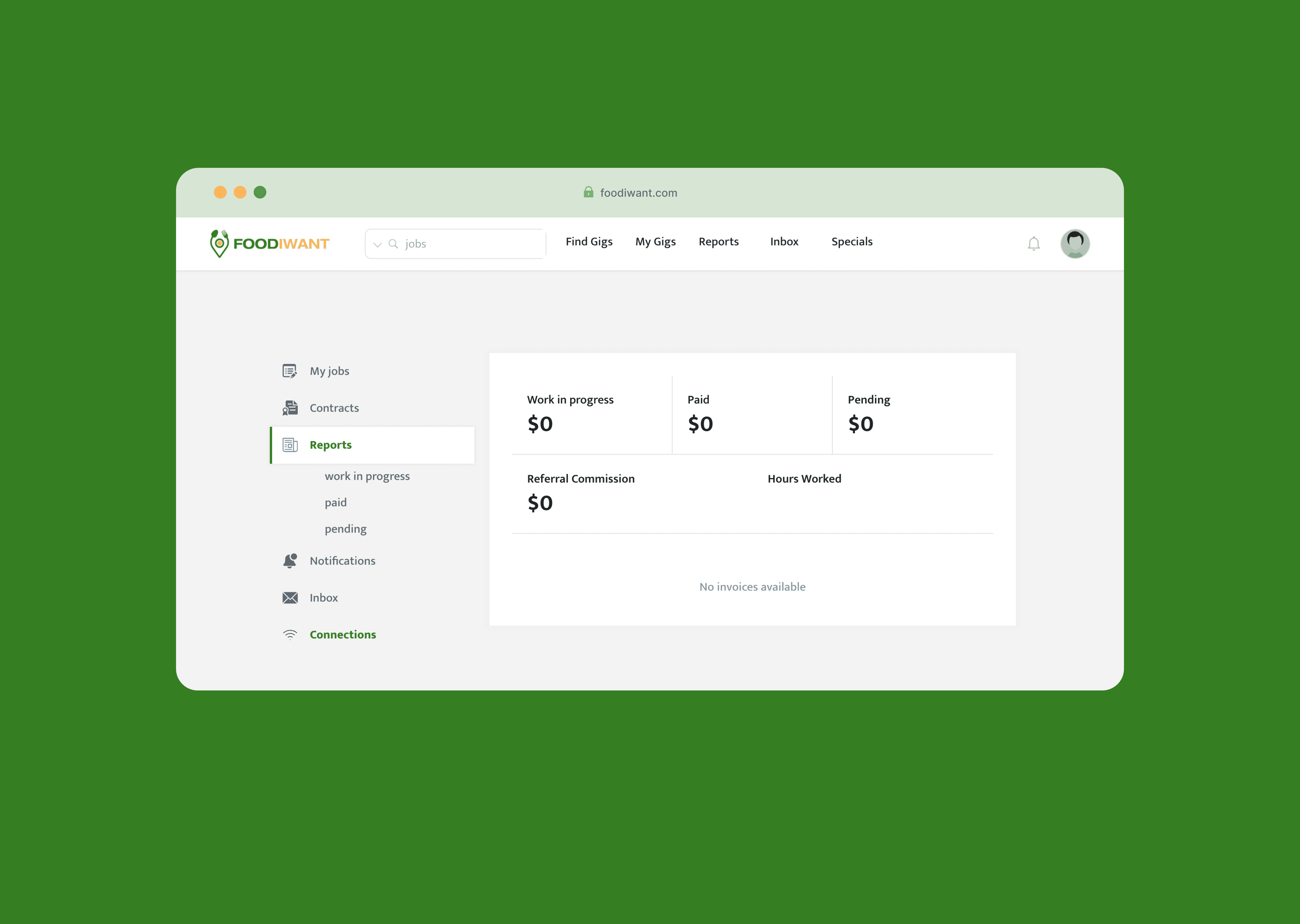 The FoodIWant reports section for a vendor account showing Work in Progress, Paid, Pending, Referral Commission, and Hours Worked metrics