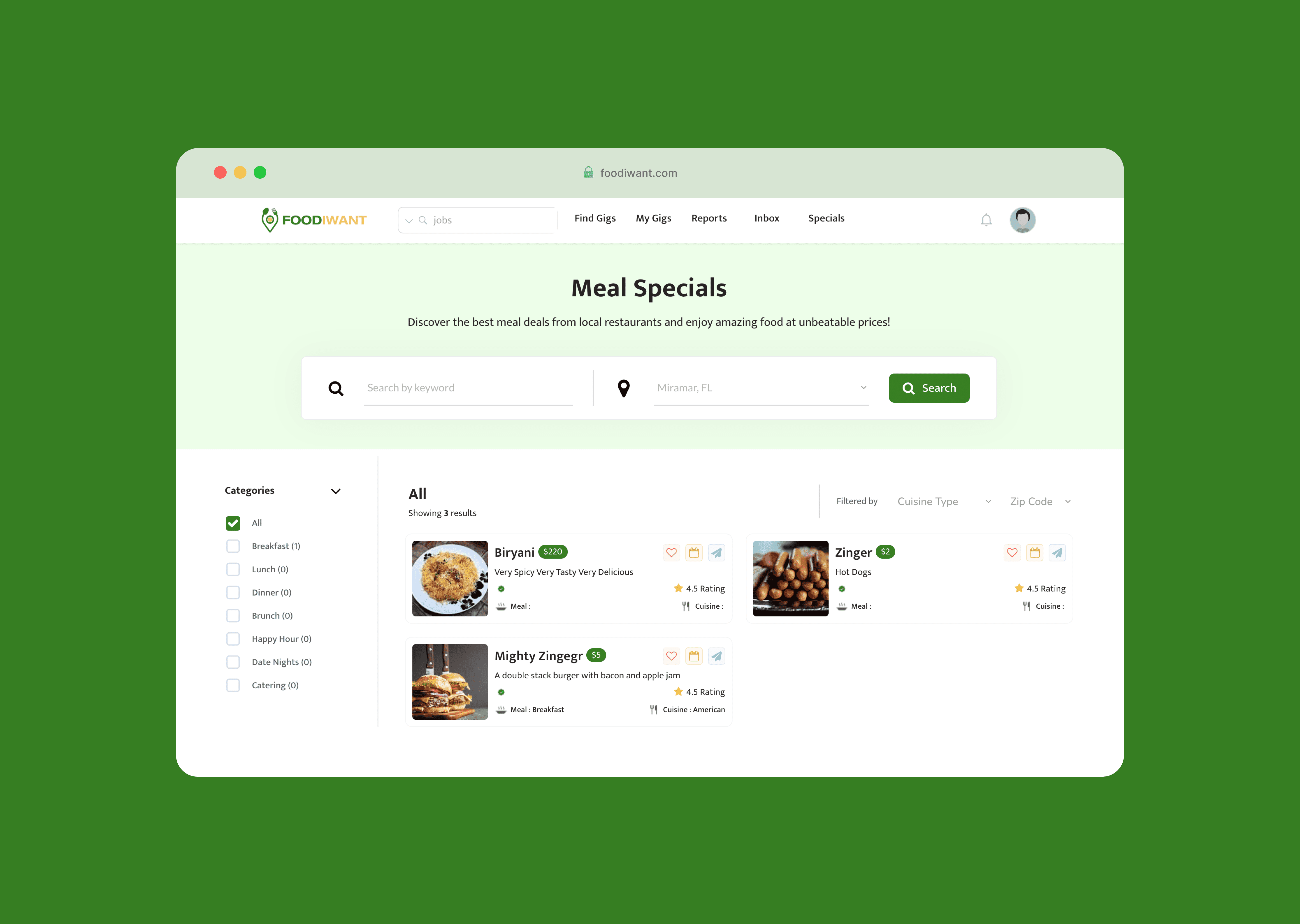 The FoodIWant Meal Specials page showing restaurant meal deals with category filters (Breakfast, Lunch, Dinner, Brunch, Happy Hour, Date Nights, Catering) and zip-code search
