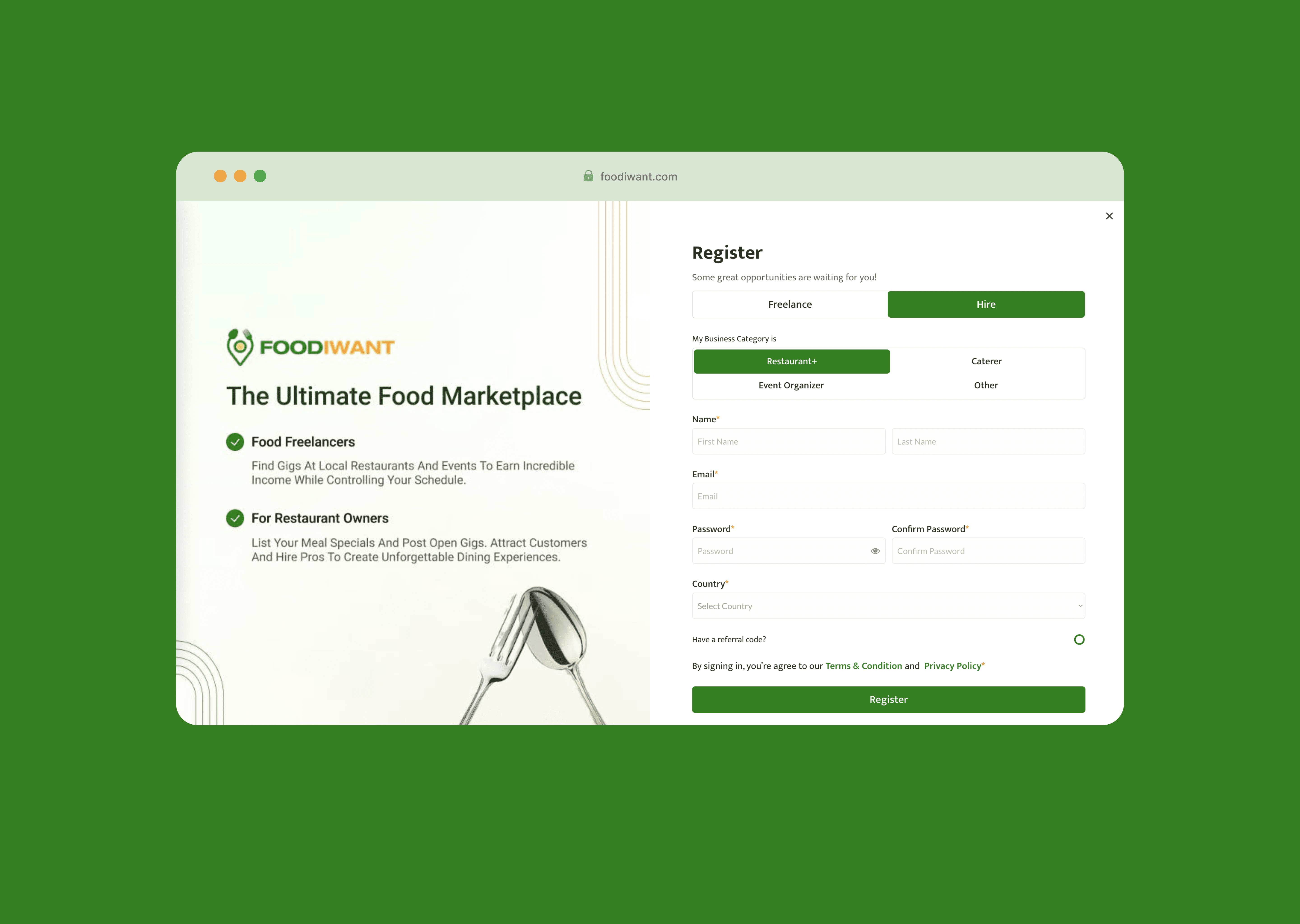 The FoodIWant signup screen showing the two sides of the marketplace, Food Freelancers and Restaurant Owners, with business categories for Restaurant, Caterer, Event Organizer, and Other