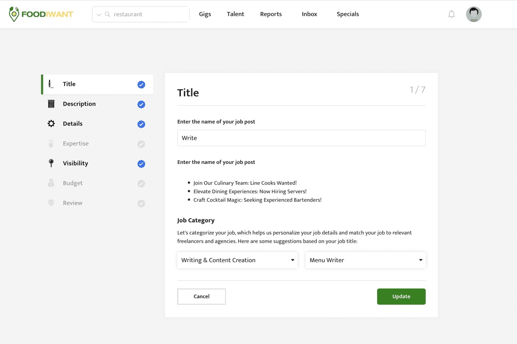 The FoodIWant job-post wizard Title step showing category selection (Writing and Content Creation among others) and a job-title input as step 1 of 7