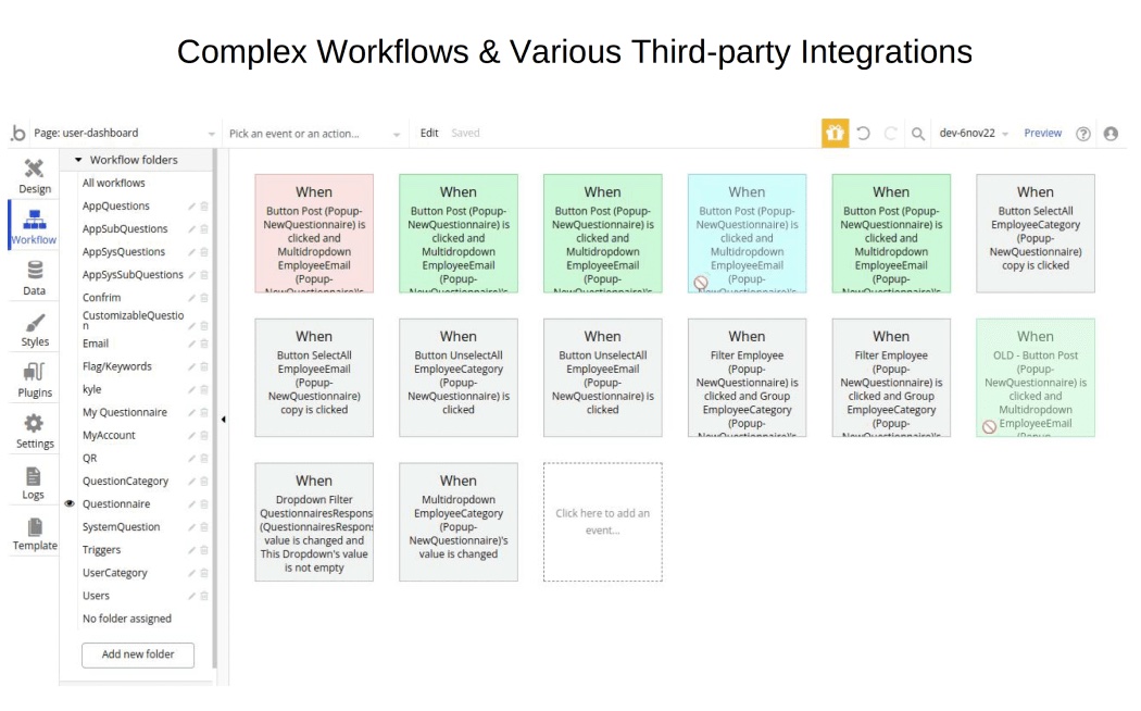 The Bubble.io backend workflow editor canvas showing dozens of API workflows for survey authoring, response writes, reporting reads, and user role transitions