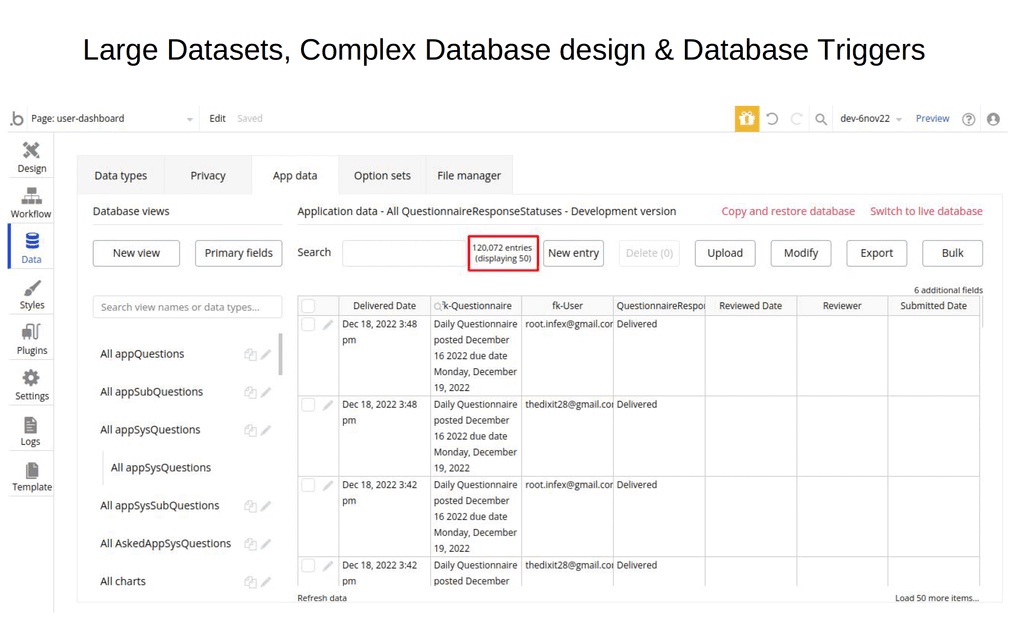 The Bubble.io data tab showing the application schema with custom data types for surveys, sections, questions, responses, and users, with one large table containing 120k entries