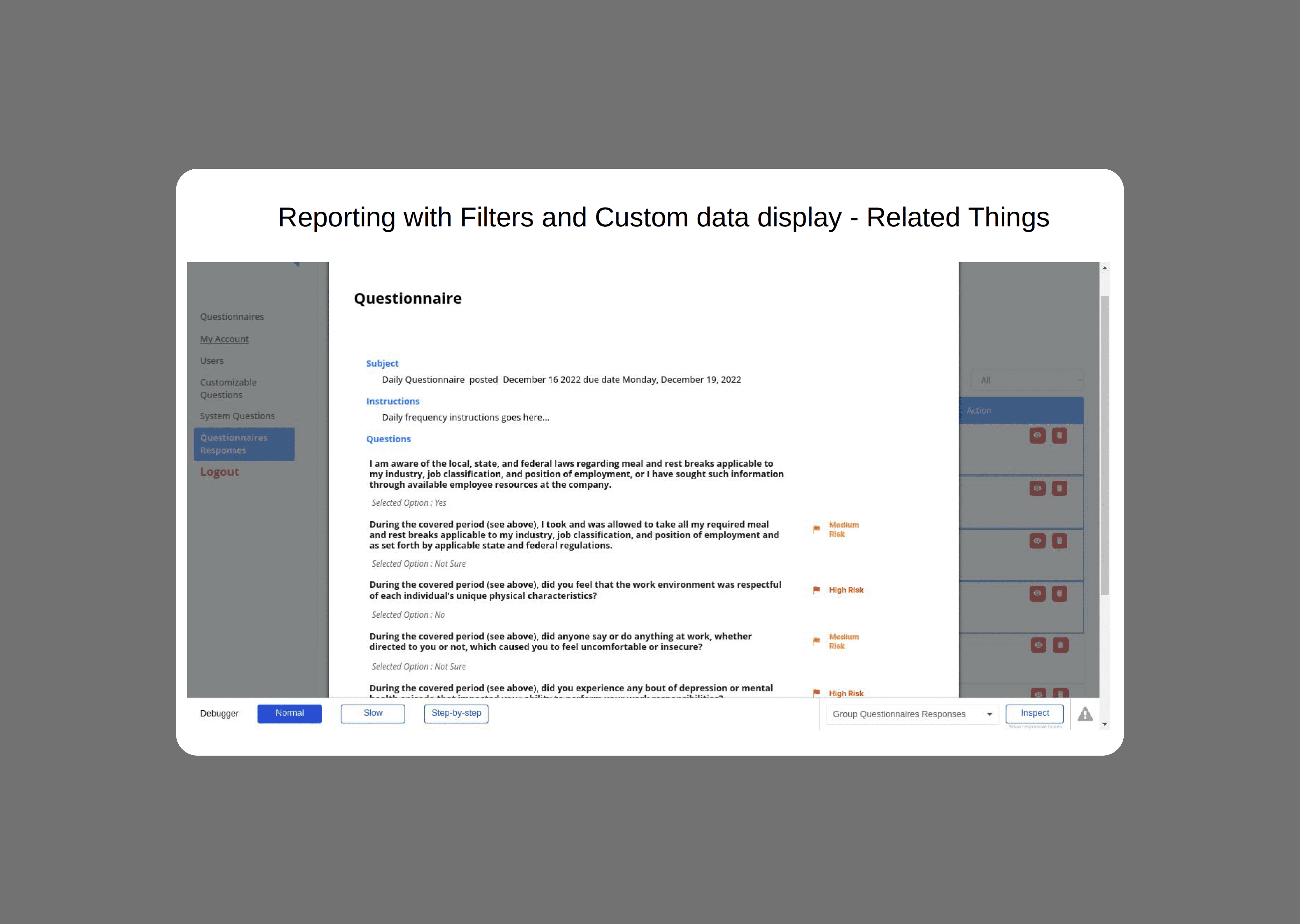 The HR Management Portal survey detail view showing Part 1 of a questionnaire with a Risk flag side panel that an admin can attach to individual questions