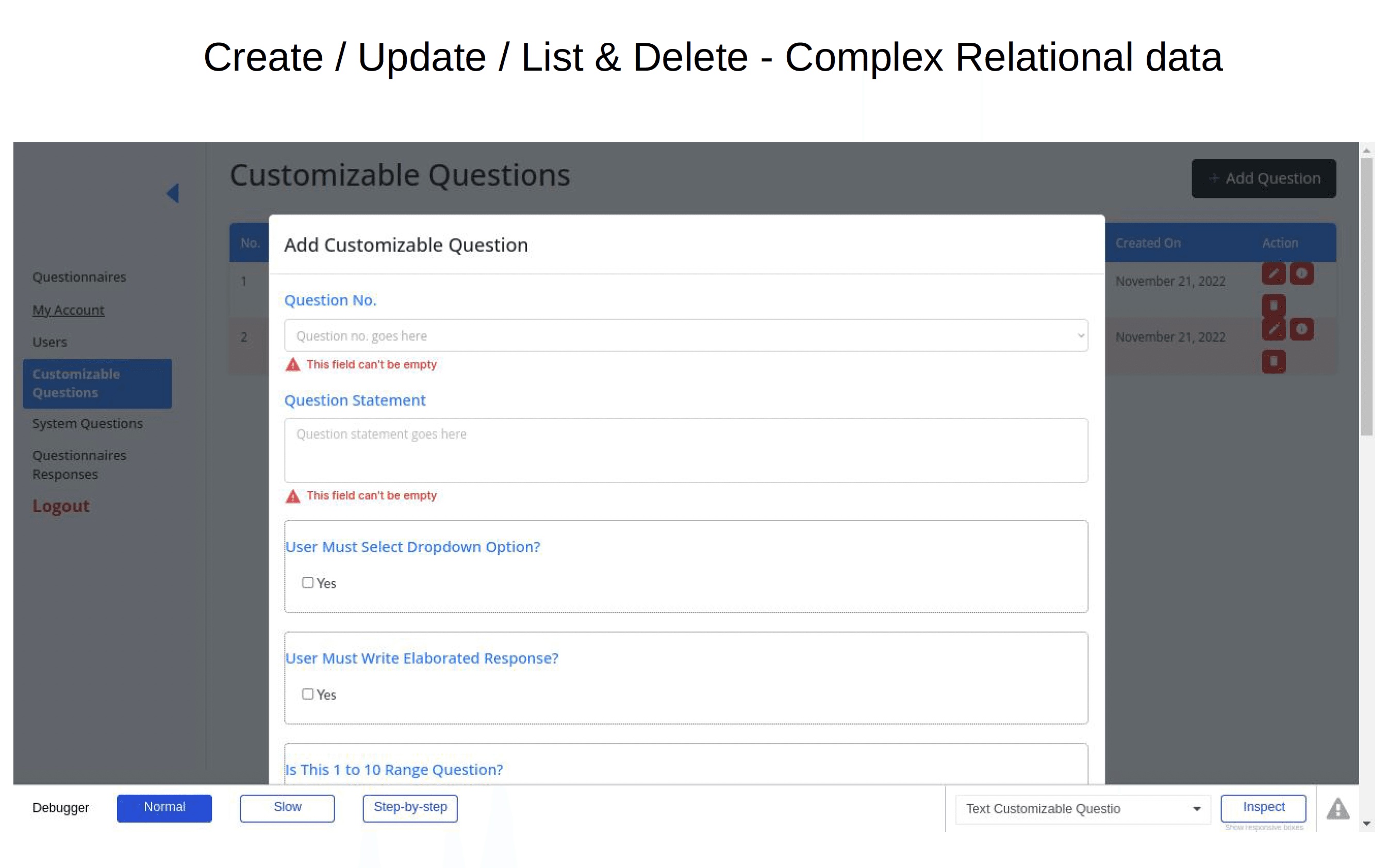 The customisable questions modal where an admin composes a new question, choosing the question type and configuring its options without leaving the survey editor
