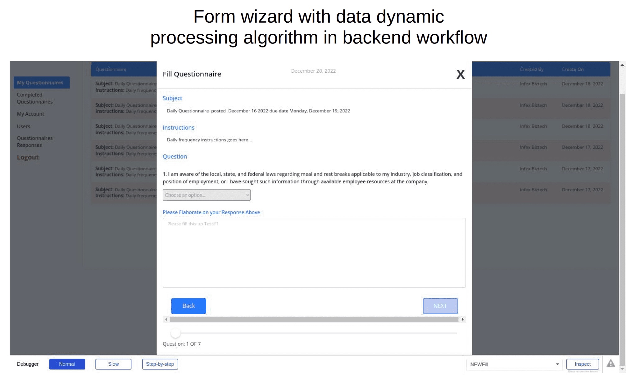 The fill survey wizard, the end-user view that presents one question at a time with a progress indicator and a Next action