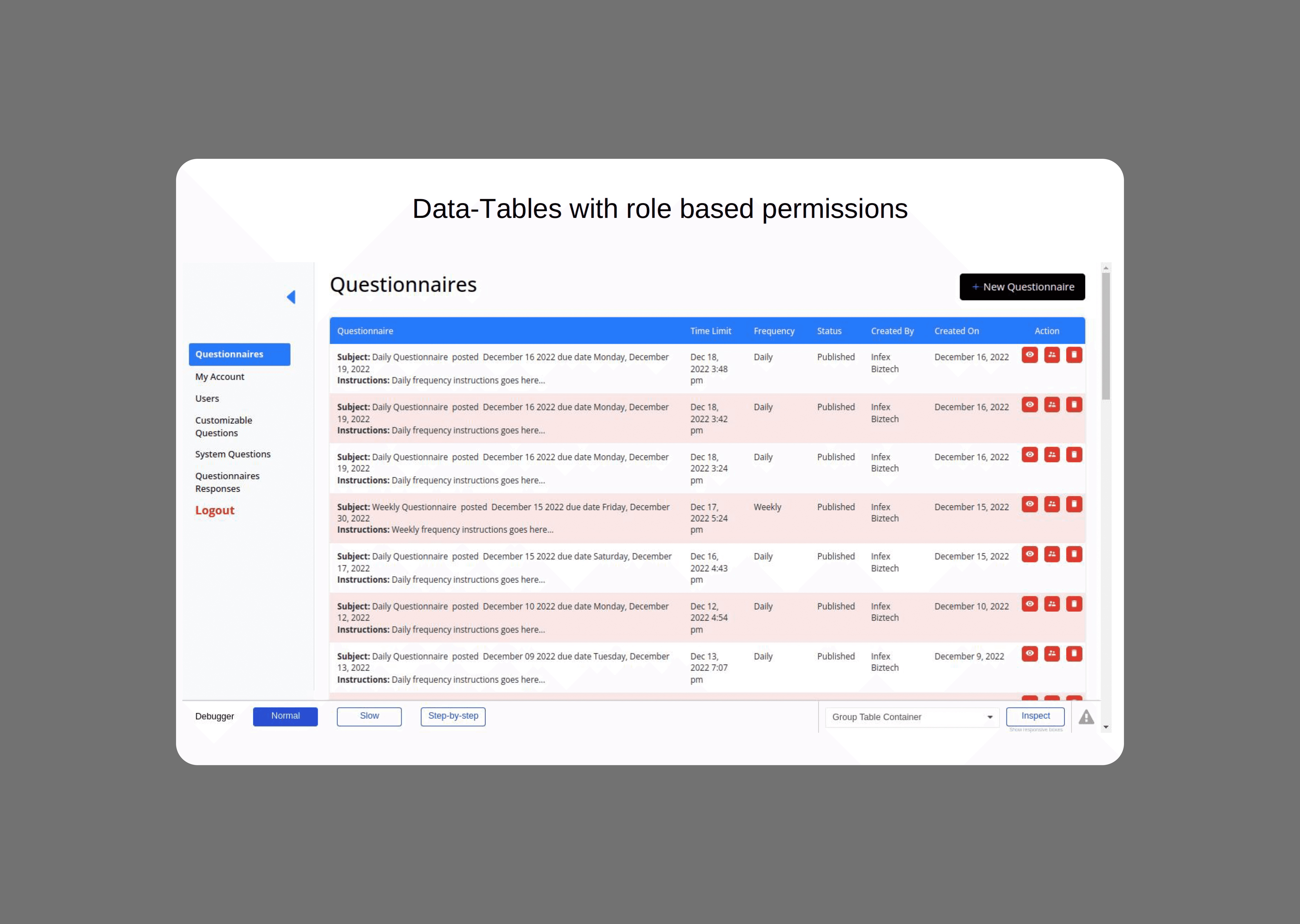 The HR Management Portal Questionnaires master list with role-based permission columns (create, edit, respond), showing the central data-table that drives every other view in the multi-tenant SaaS
