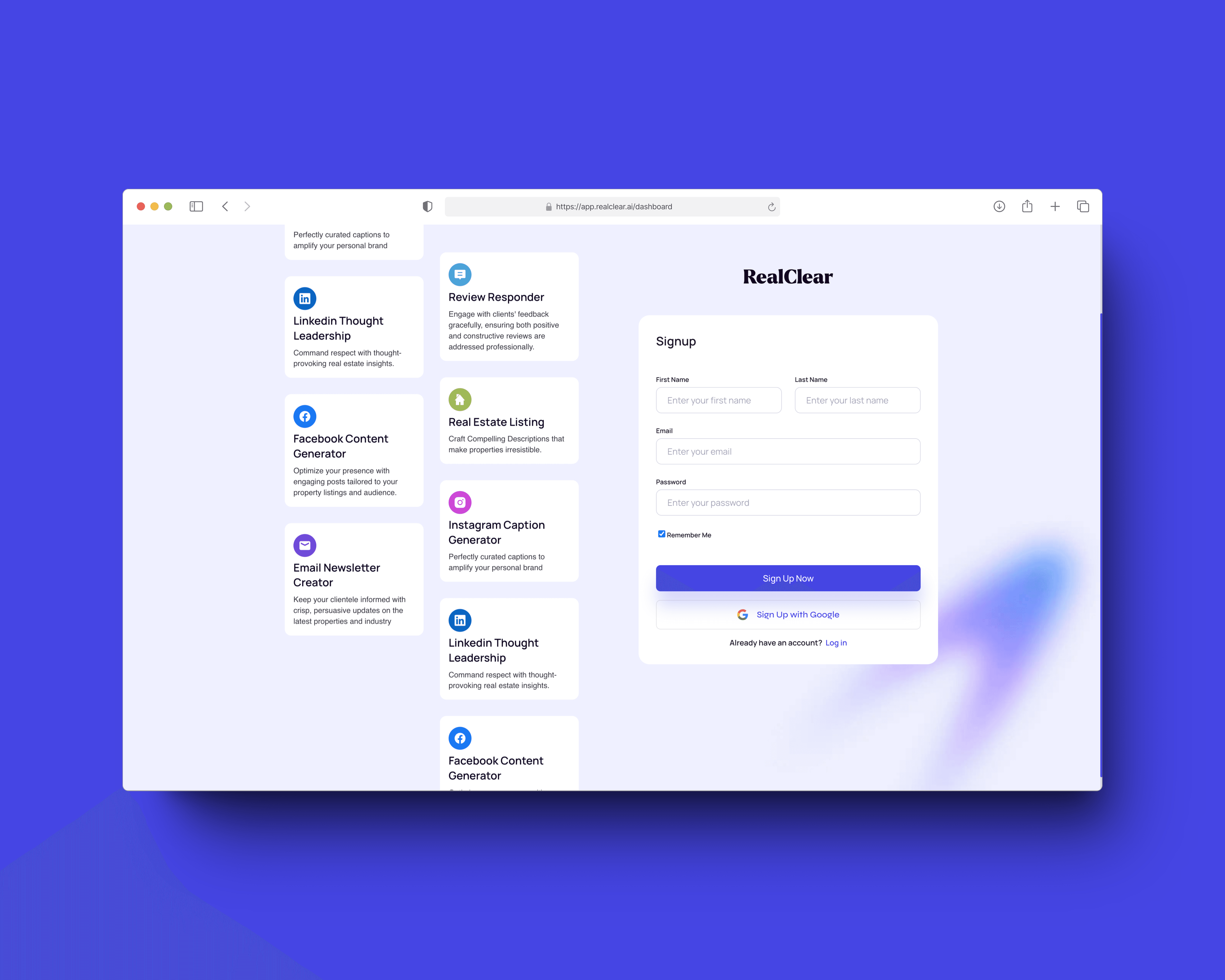 RealClear app dashboard showing the catalog of AI marketing tools (LinkedIn, Facebook, Instagram, Email, Real Estate Listing, Review Responder) next to the signup screen
