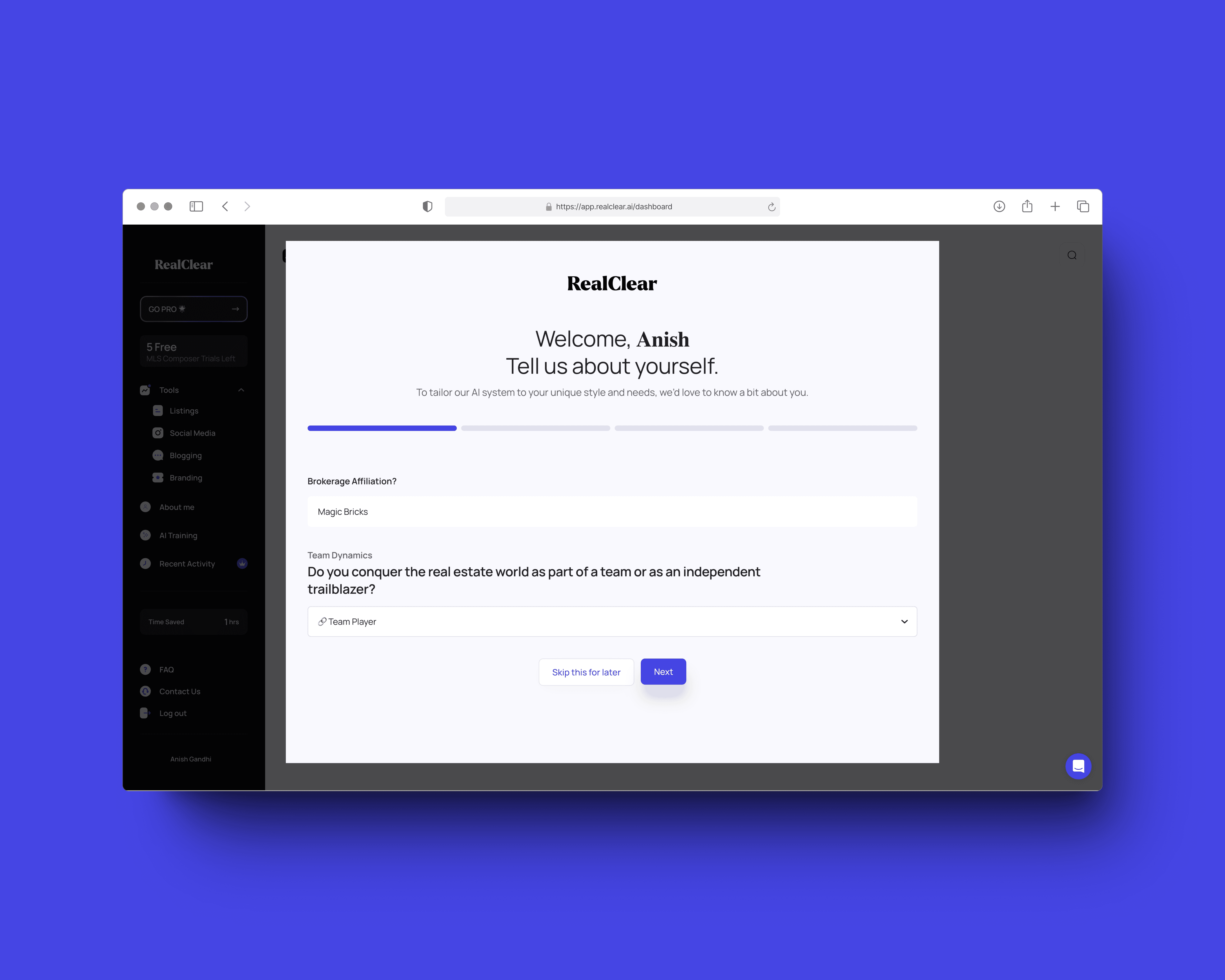 The onboarding flow inside RealClear, showing brokerage affiliation and team-vs-independent questions on a progress-tracked wizard with the AI Training section visible in the sidebar