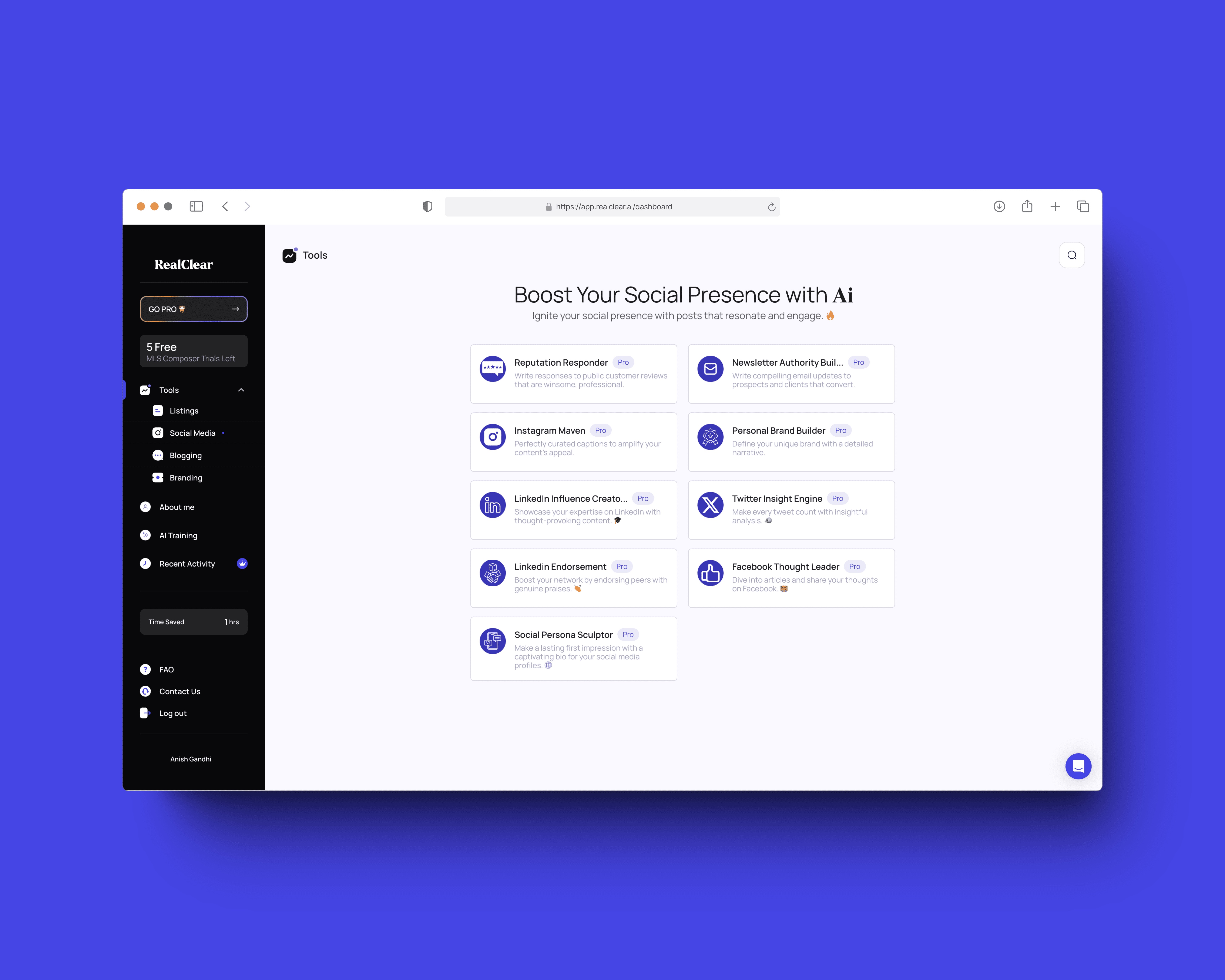 The RealClear Social Media tool sub-catalog showing LinkedIn Thought Leadership, Facebook Content Generator, Instagram Caption Generator, and Email Newsletter Creator cards, each carrying a Pro badge that gates the tool by plan