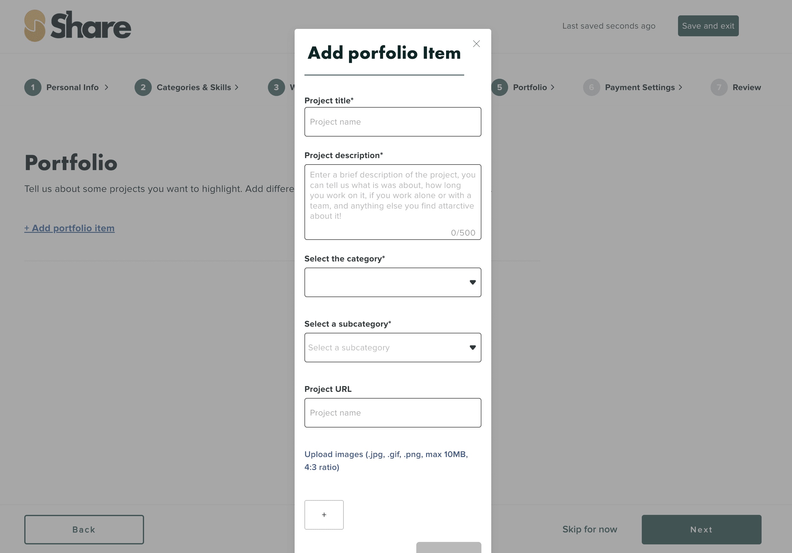 The ShareTalent Add portfolio Item modal with fields for project title, description, category, and image upload