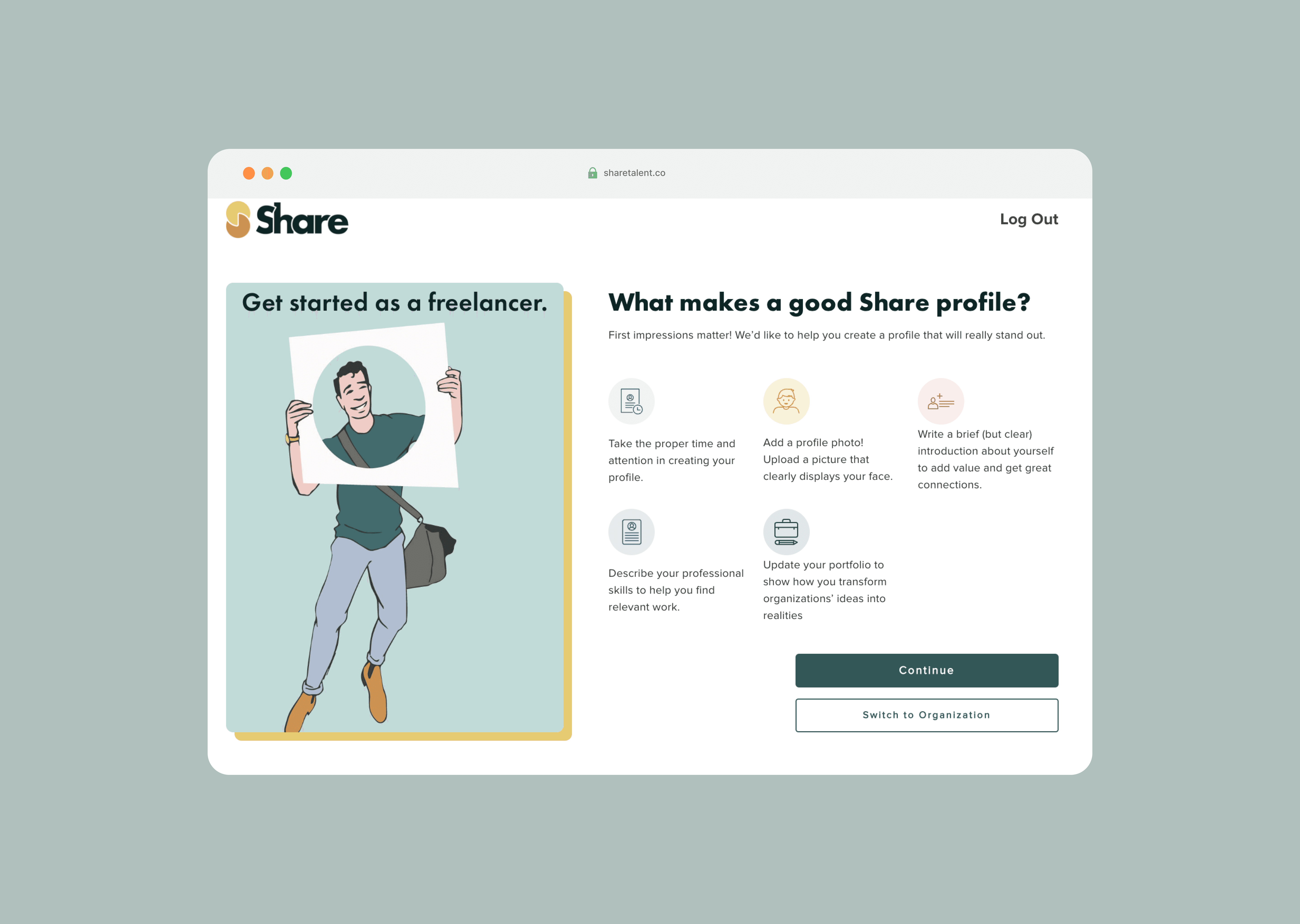 The ShareTalent onboarding step Get started as a freelancer showing profile tips and Continue or Switch to Organization options, rebuilt on Bubble's new responsive engine