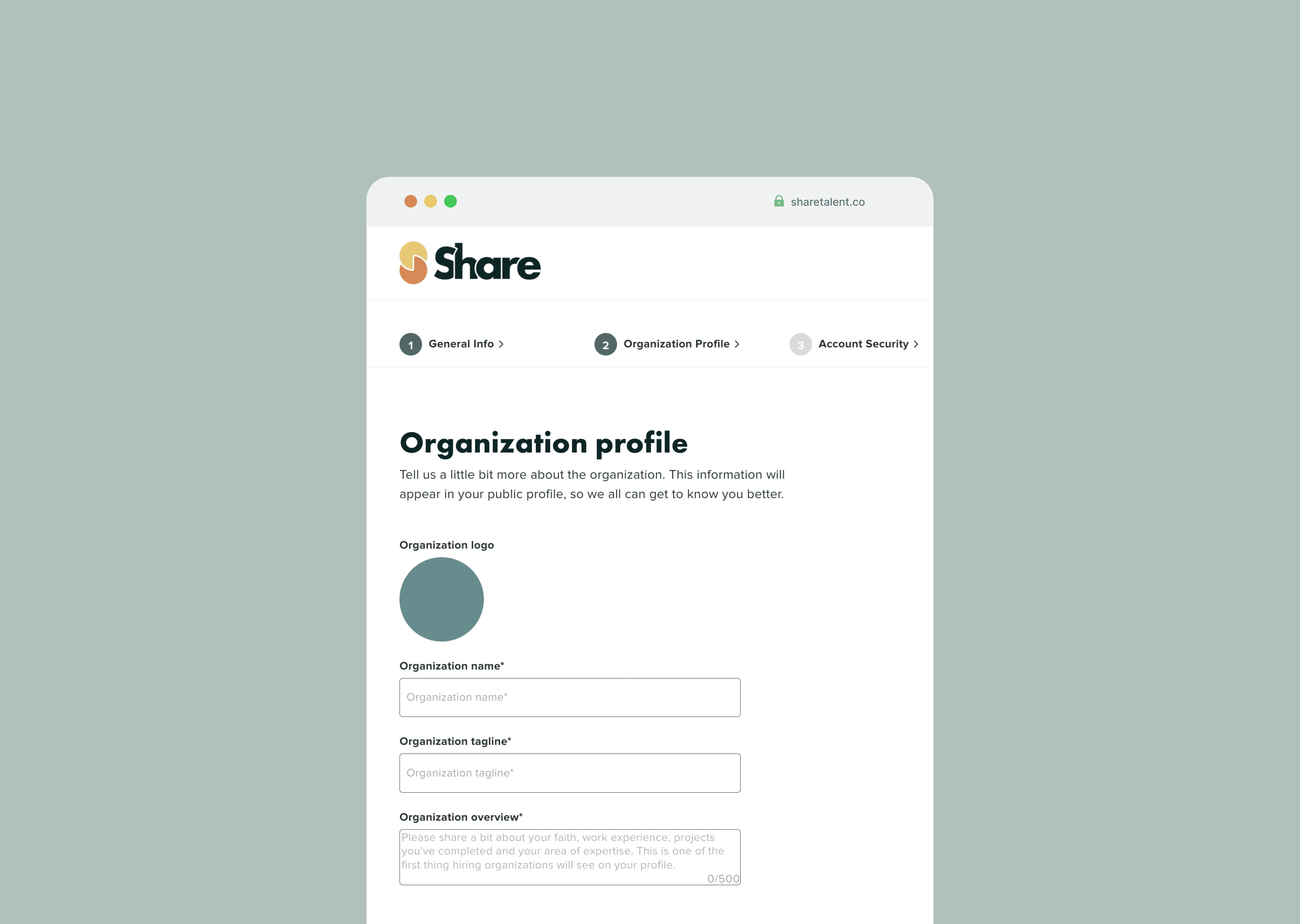 The ShareTalent organisation onboarding step 2 of 3, Organization profile, with fields for logo upload, organisation name, tagline, and overview