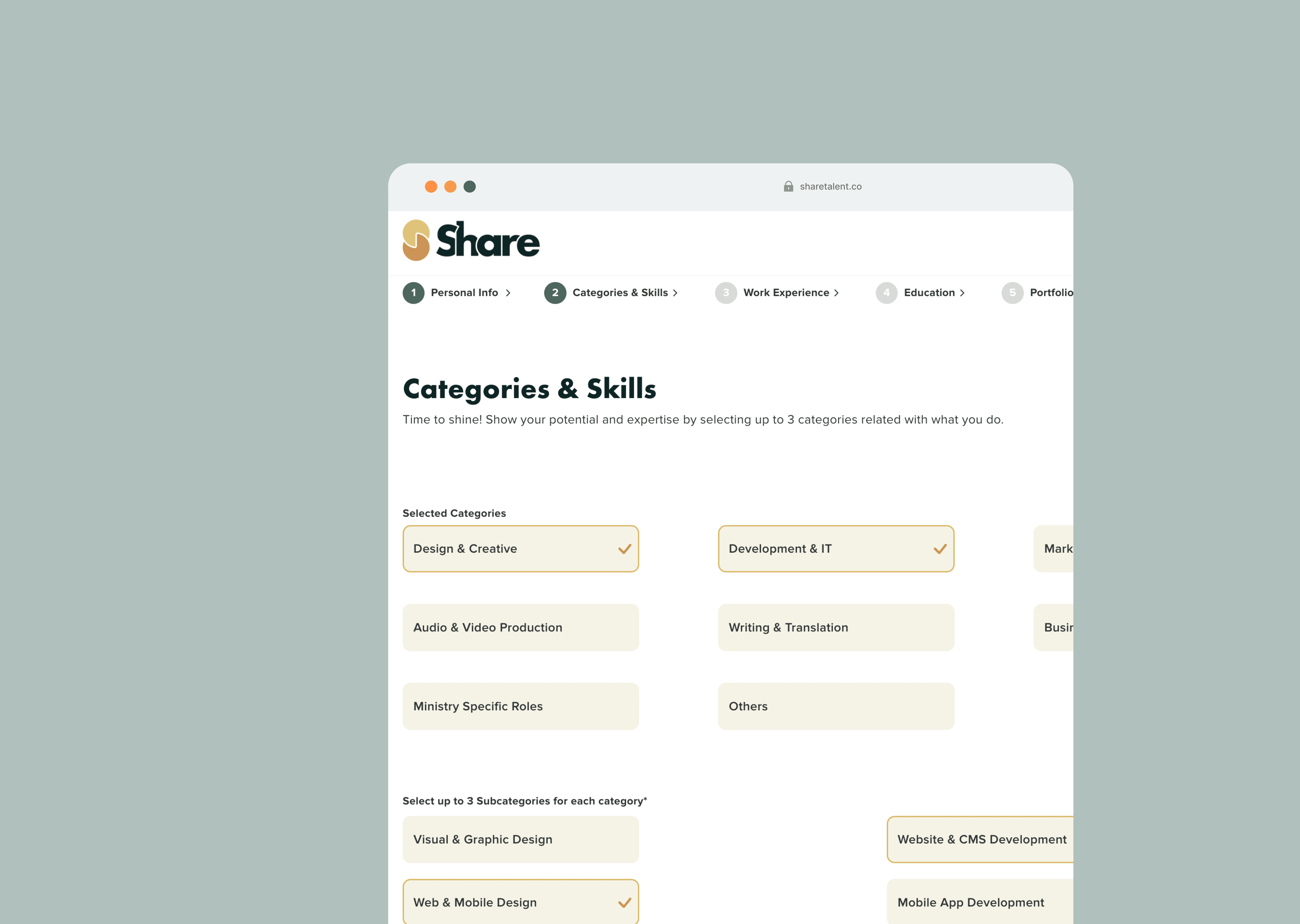 The ShareTalent freelancer onboarding step 2 of 7, Categories and Skills, showing a pill grid of selectable categories like Design and Creative and Marketing across the screen