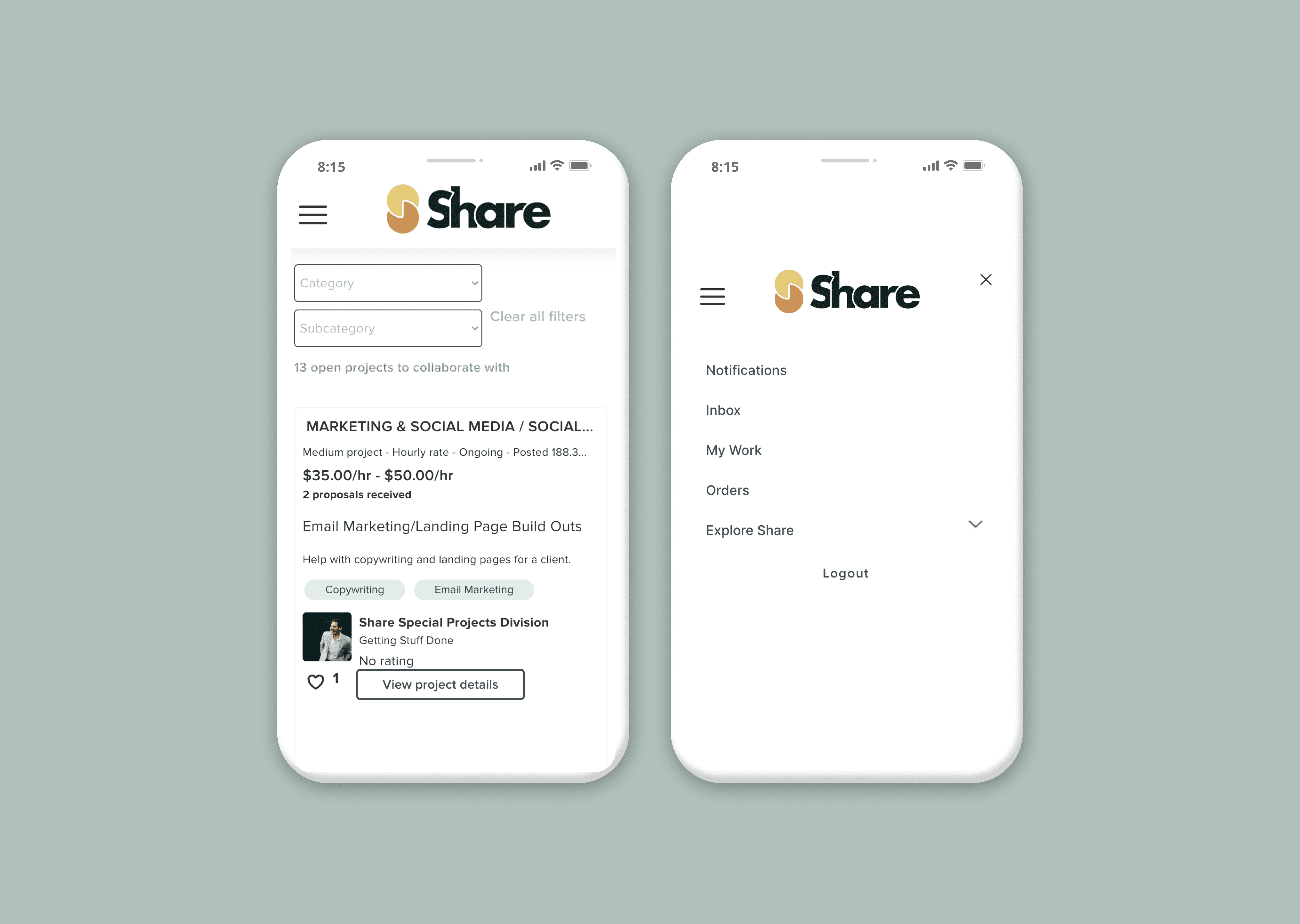 Two ShareTalent mobile views shown side by side: the freelancer project browse list on the left and the navigation drawer on the right, both rendered cleanly on a phone after the responsive rebuild