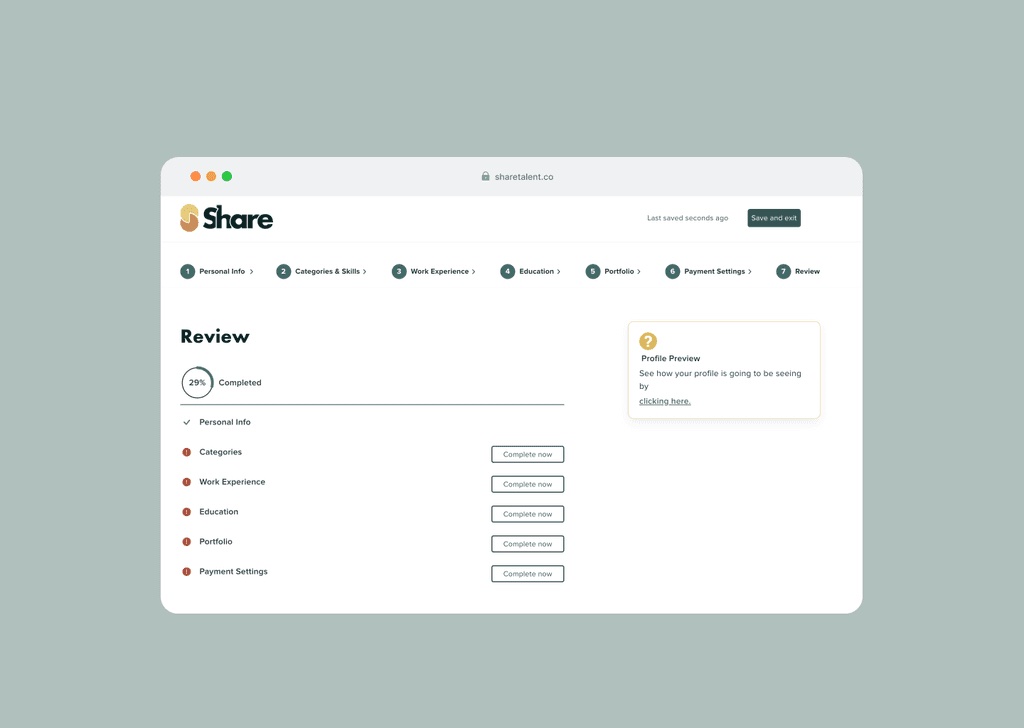 The ShareTalent freelancer onboarding review page with a seven-step progress indicator and a 29 percent completion ring, listing About, Categories and Skills, Work Experience, Portfolio, Payment Settings, Education, and Photo and Bio sections