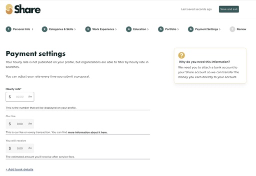 The ShareTalent freelancer Payment settings step showing an hourly rate input, the platform fee deduction, and the net amount the freelancer would receive on a Save and continue page
