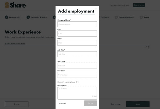 The ShareTalent Add employment modal inside the onboarding flow, with fields for company, role, location, start and end dates, and a description for structured work history